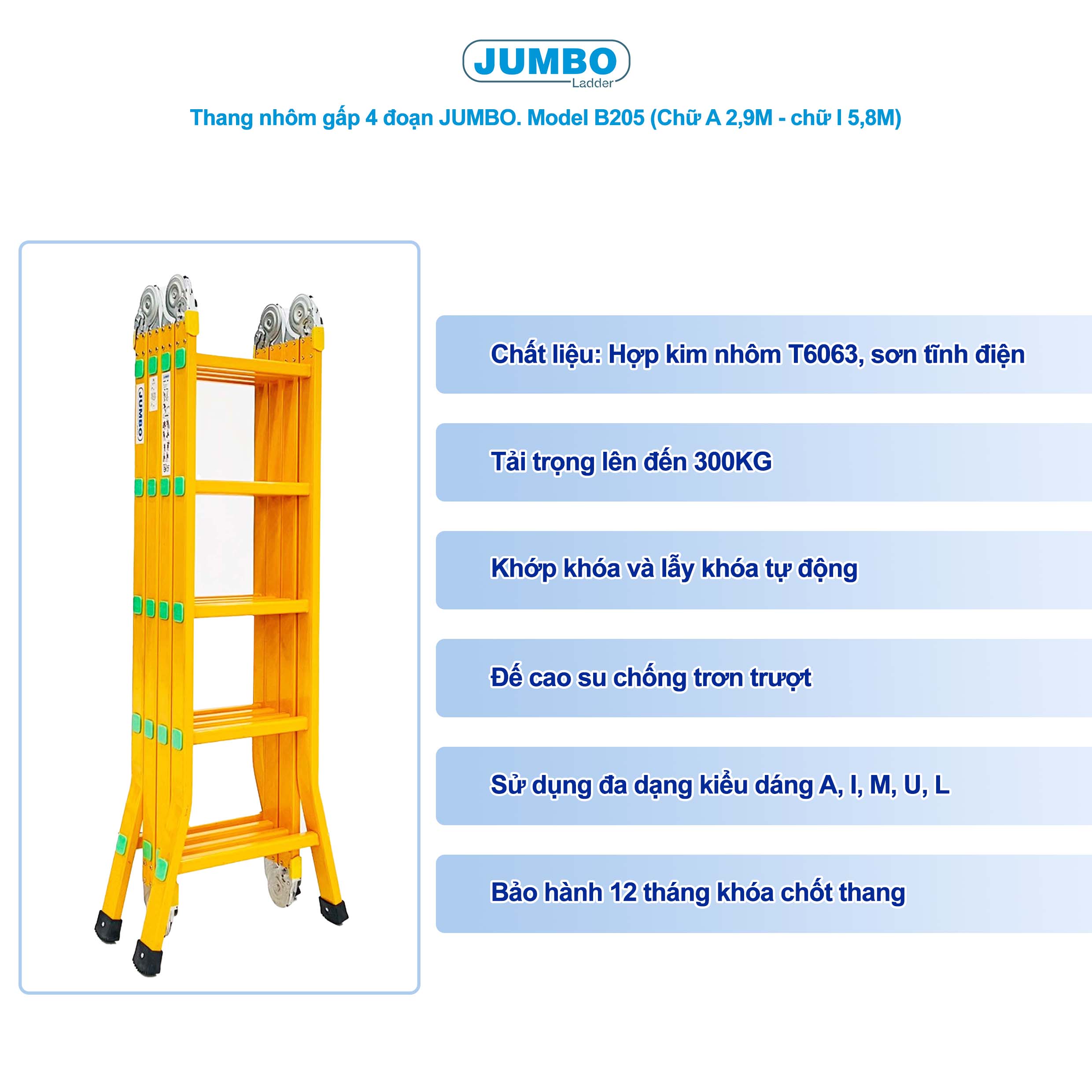 Thang Nhôm Gấp đa Năng 20 Bậc JUMBO B205 - 4 đoạn, Chịu Tải 300kg, Cao 5.7m