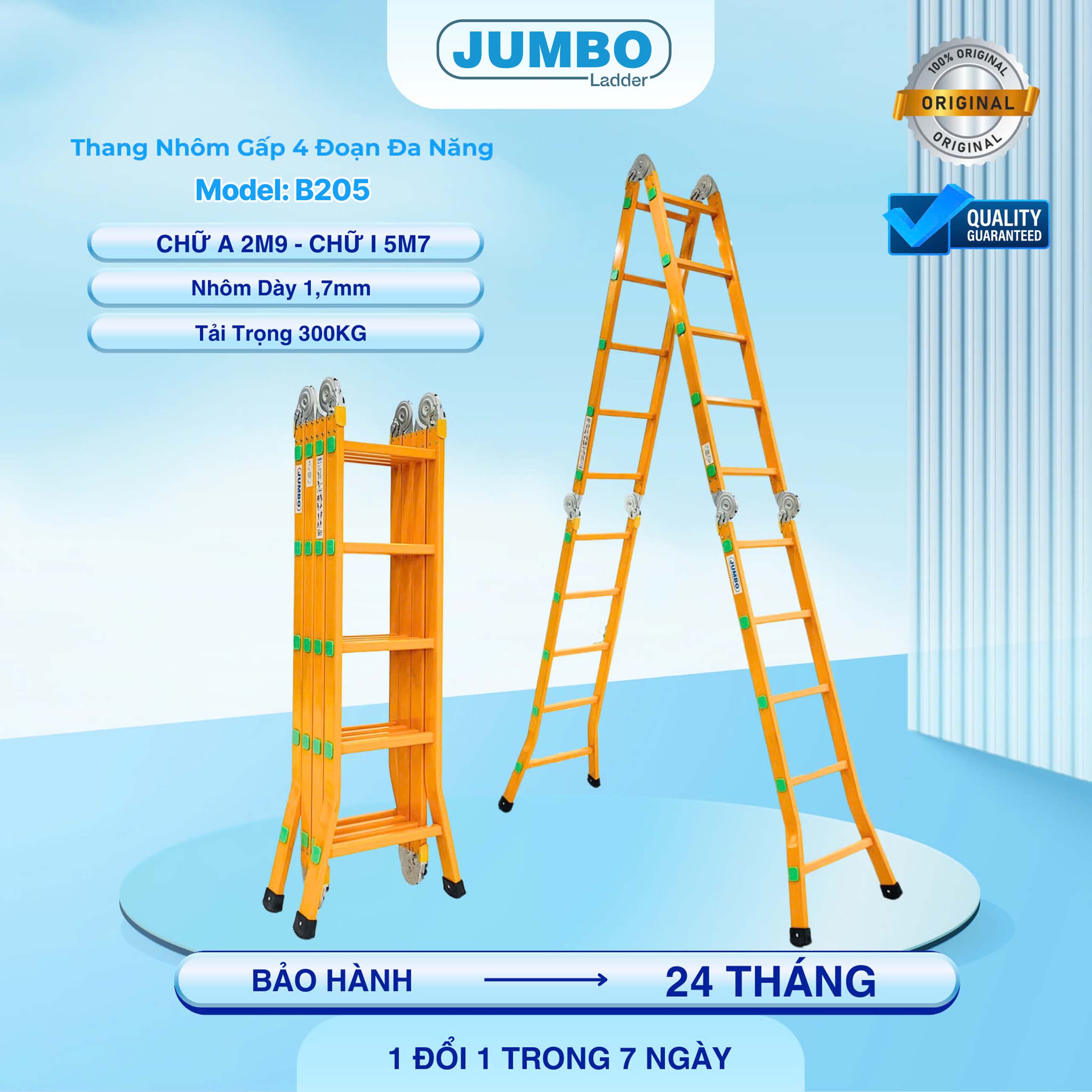 Thang Nhôm Gấp đa Năng 20 Bậc JUMBO B205 - 4 đoạn, Chịu Tải 300kg, Cao 5.7m