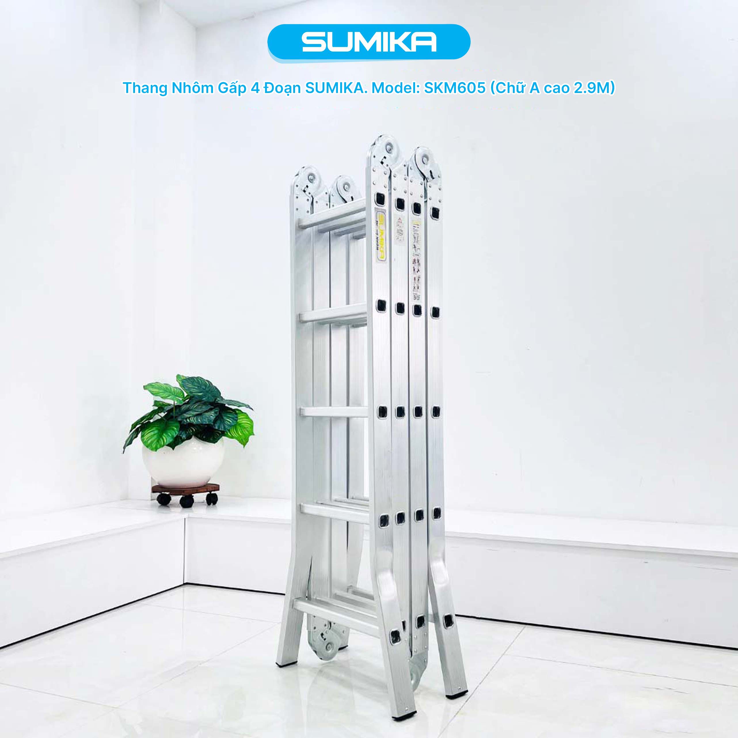Thang Nhôm Gấp đa Năng 4 đoạn 20 Bậc SUMIKA SKM605 — 5.8m, Chịu Tải 150kg, Chuẩn EN131