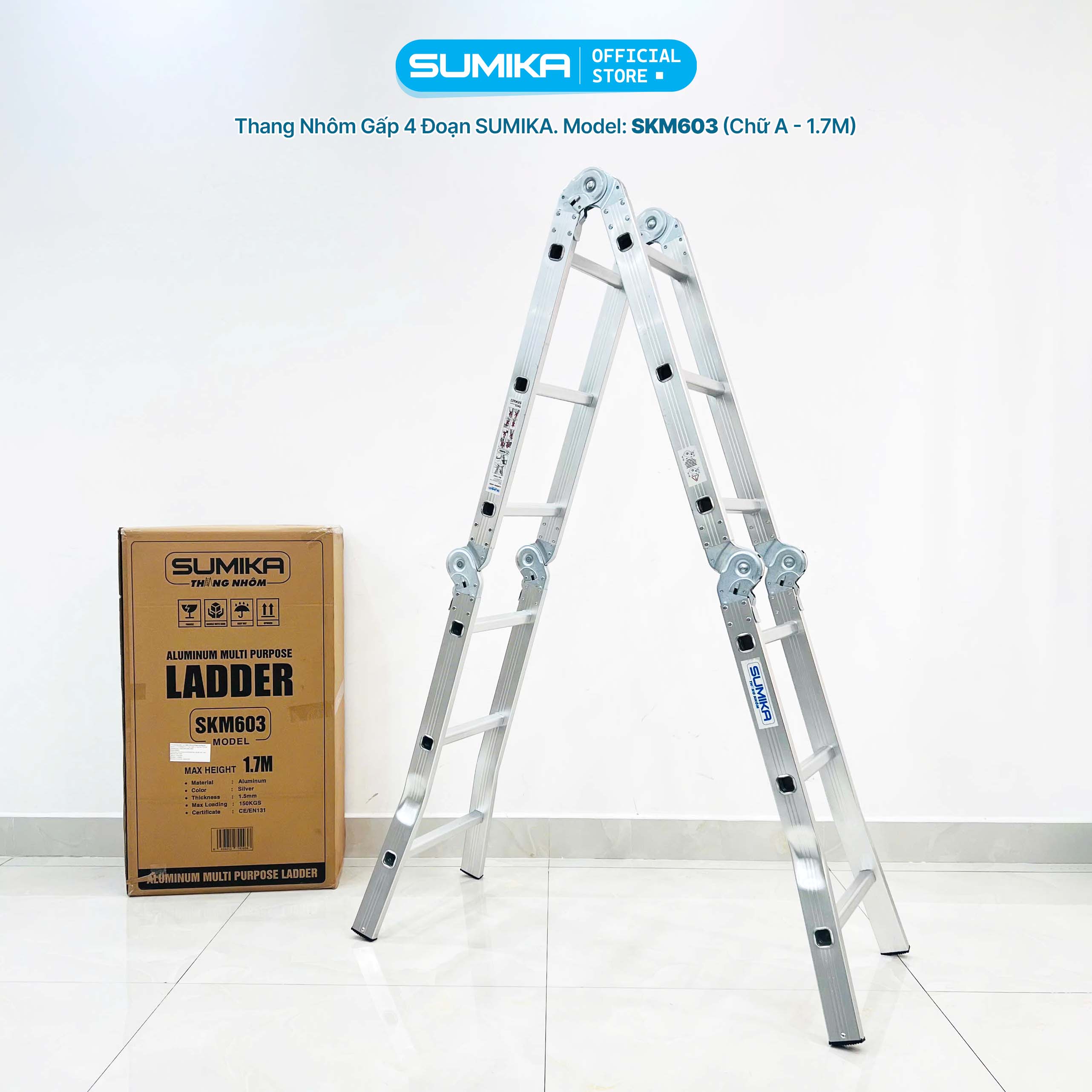 Thang Nhôm Gấp đa Năng SUMIKA SKM603 - 4 đoạn, Tải 150kg, Nhẹ 9.8kg