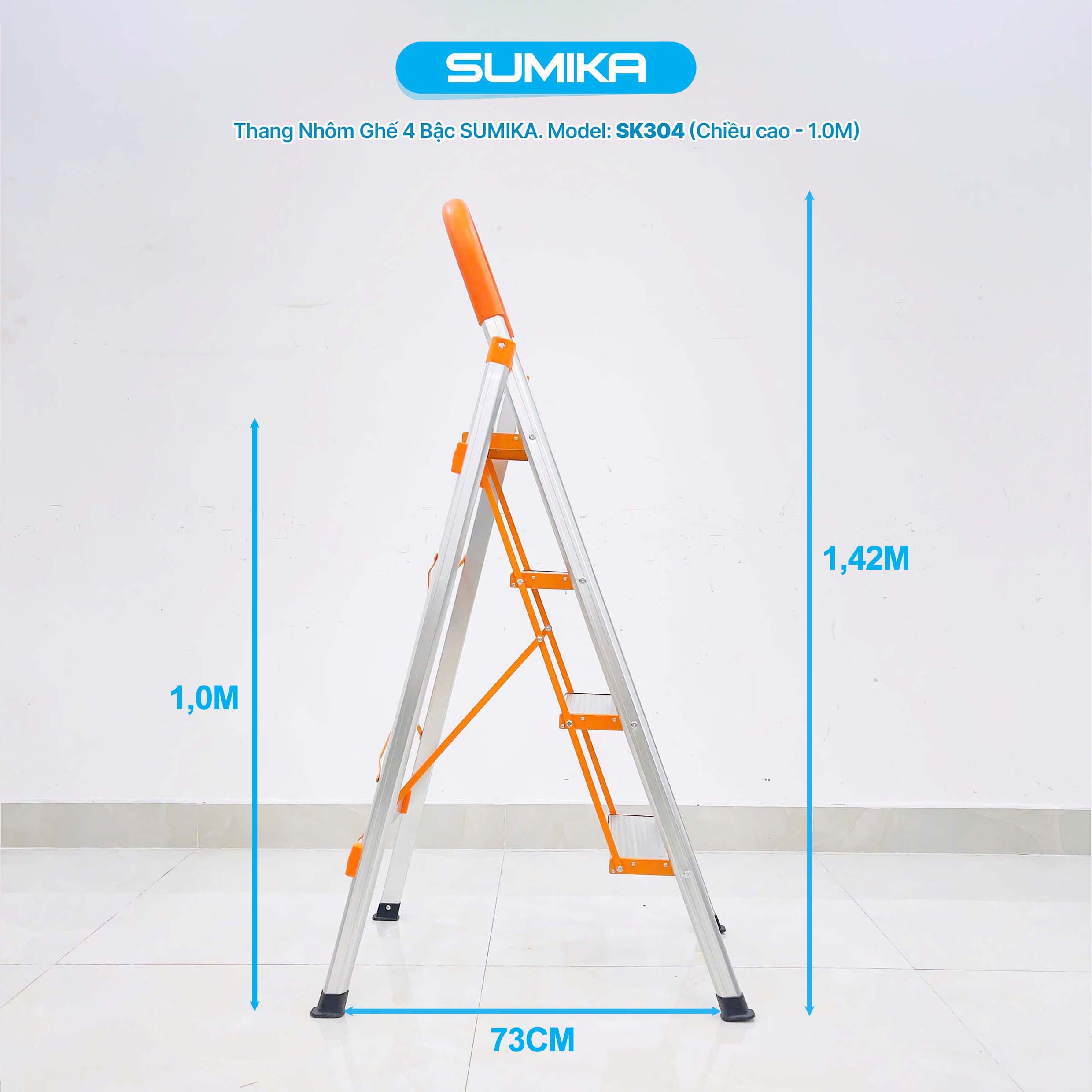 Thang Nh&ocirc;m Ghế 4 Bậc SUMIKA SK304 - Cao 1.0m, Tải 150kg, Nh&ocirc;m T6063