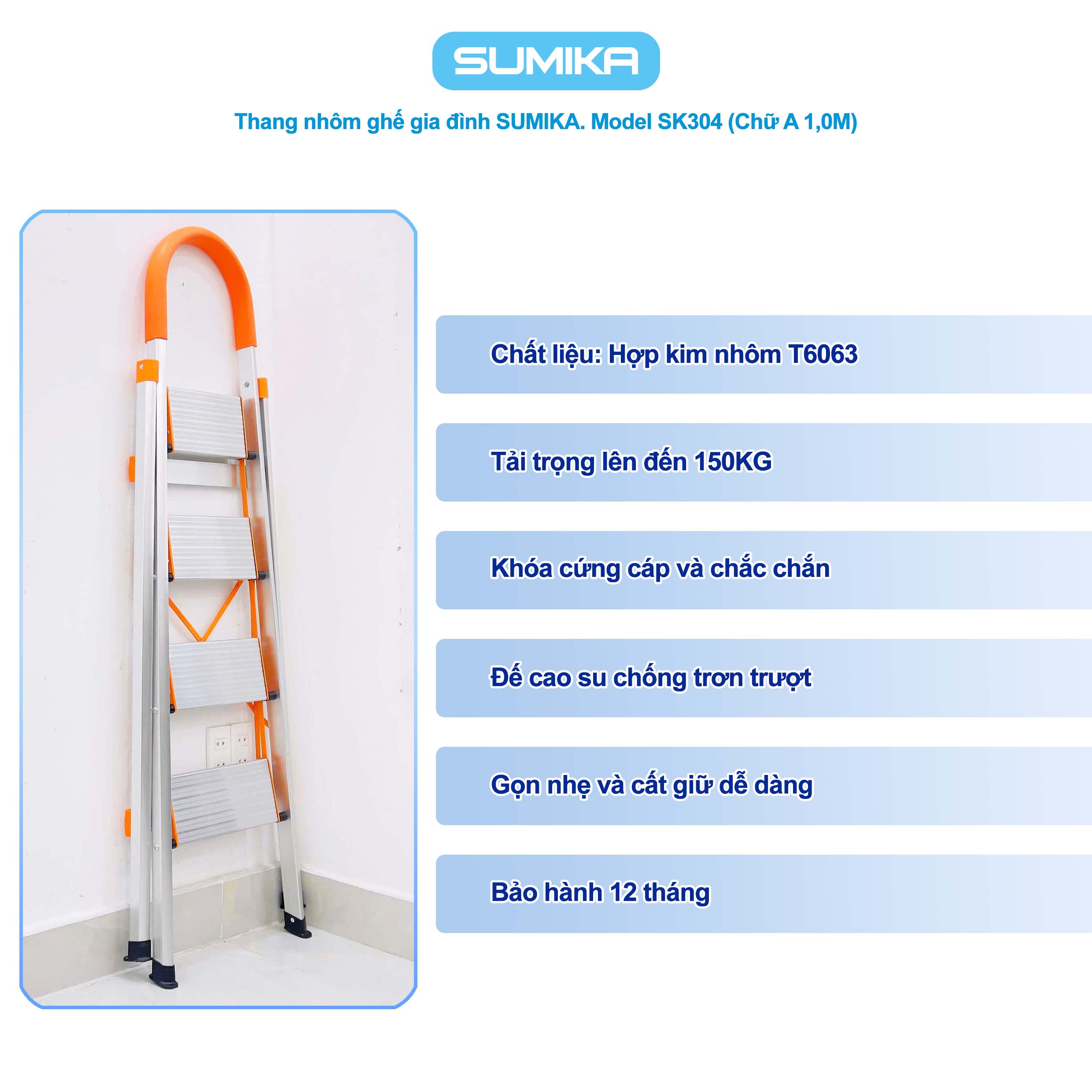 Thang Nhôm Ghế 4 Bậc SUMIKA SK304 - Cao 1.0m, Tải 150kg, Nhôm T6063