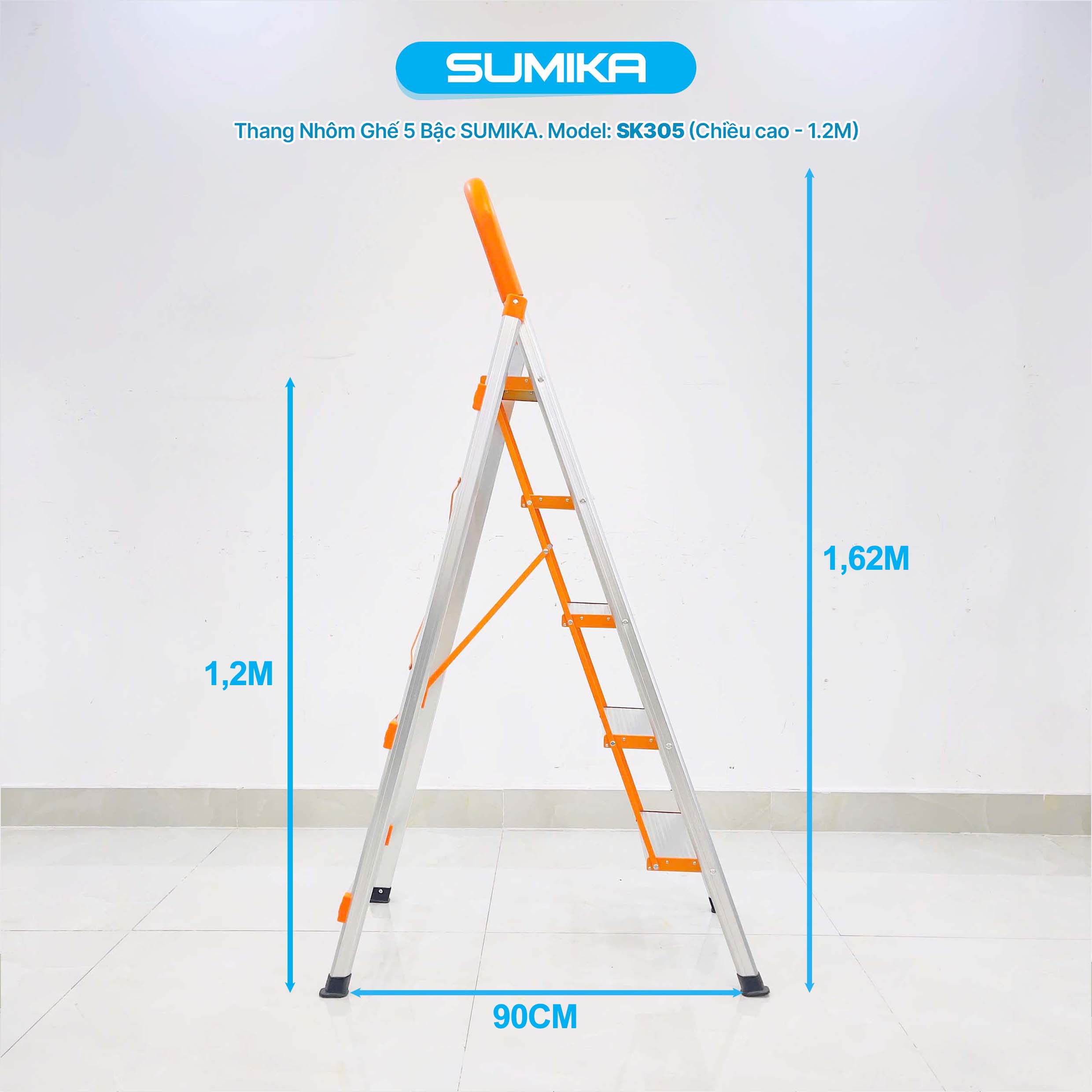 Thang Nhôm Ghế 5 Bậc SUMIKA SK305 - Nhôm T6063, Cao 1.23m, Tải 150kg
