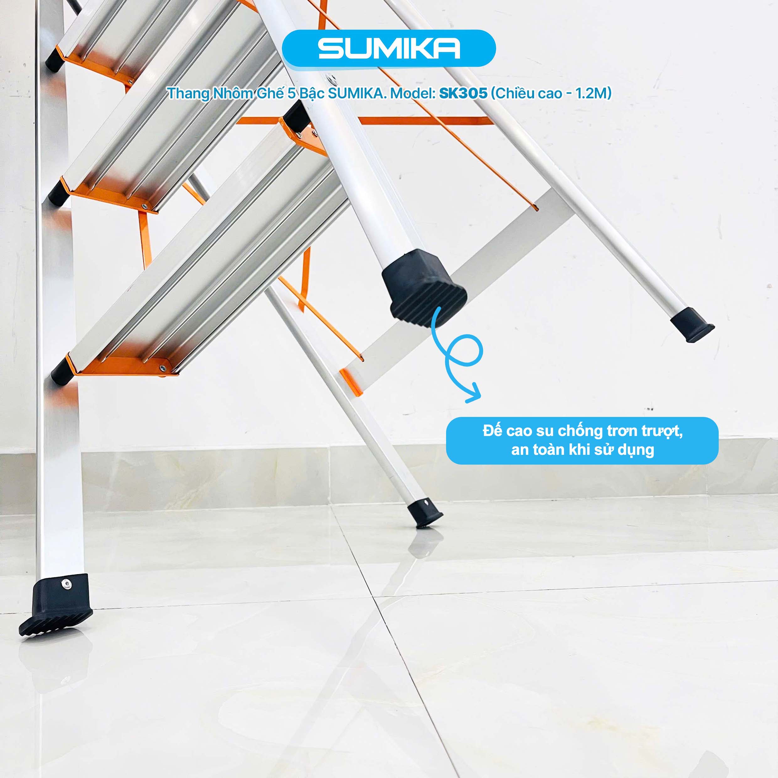 Thang Nhôm Ghế 5 Bậc SUMIKA SK305 - Nhôm T6063, Cao 1.23m, Tải 150kg