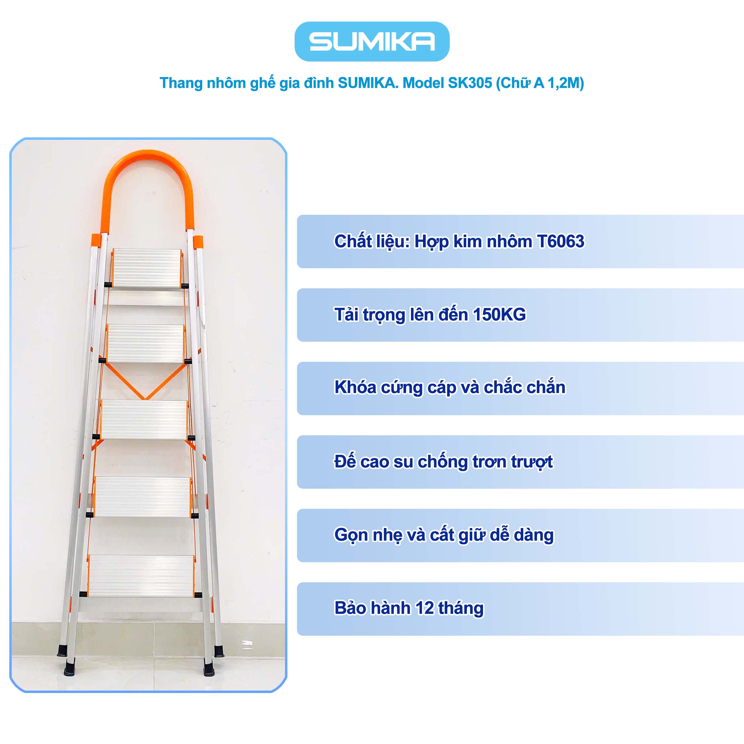 Thang Nhôm Ghế 5 Bậc SUMIKA SK305 - Nhôm T6063, Cao 1.23m, Tải 150kg