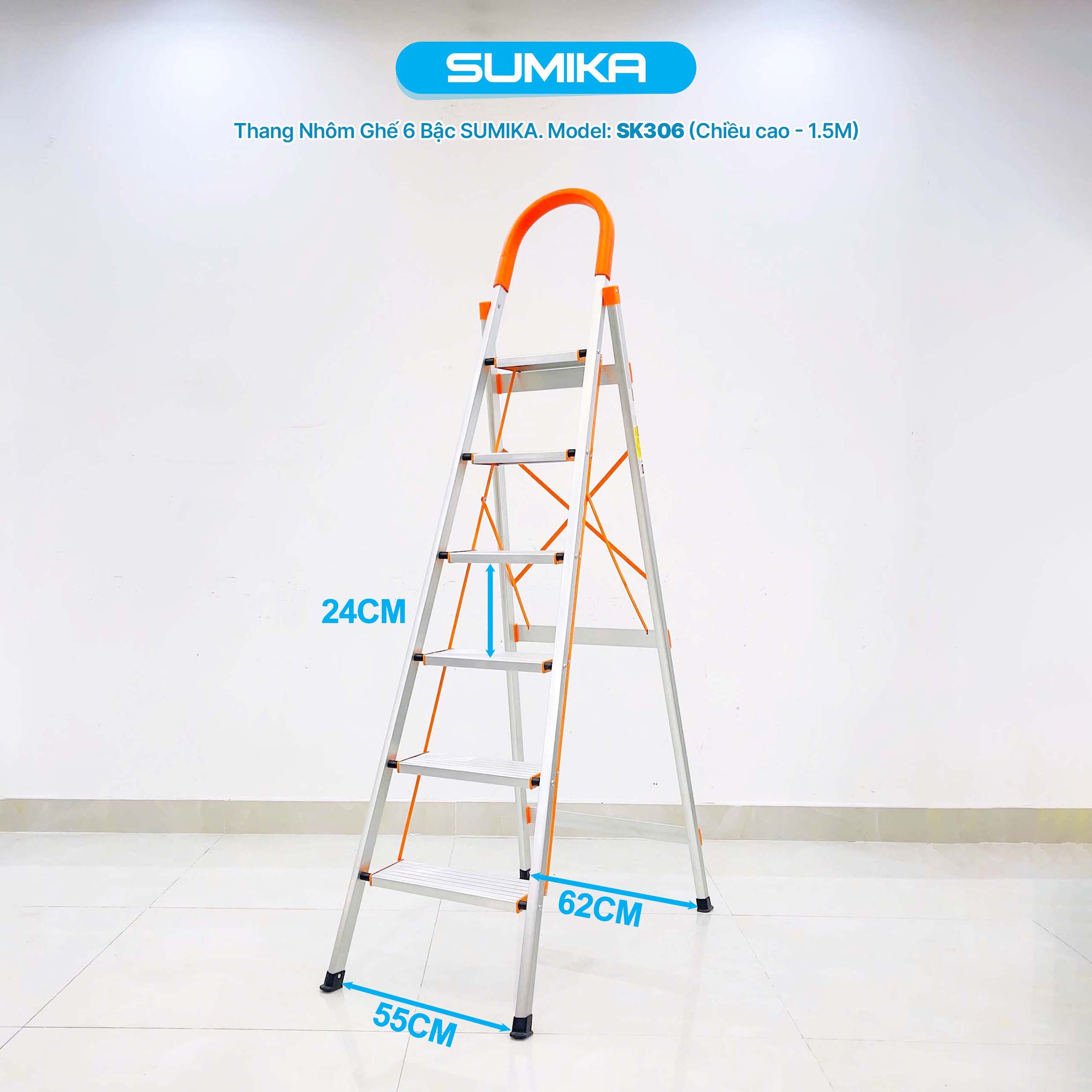 Thang Nhôm Ghế 6 Bậc SUMIKA SK306 - Cao 1.5m, Tải 150kg, Nhôm T6063