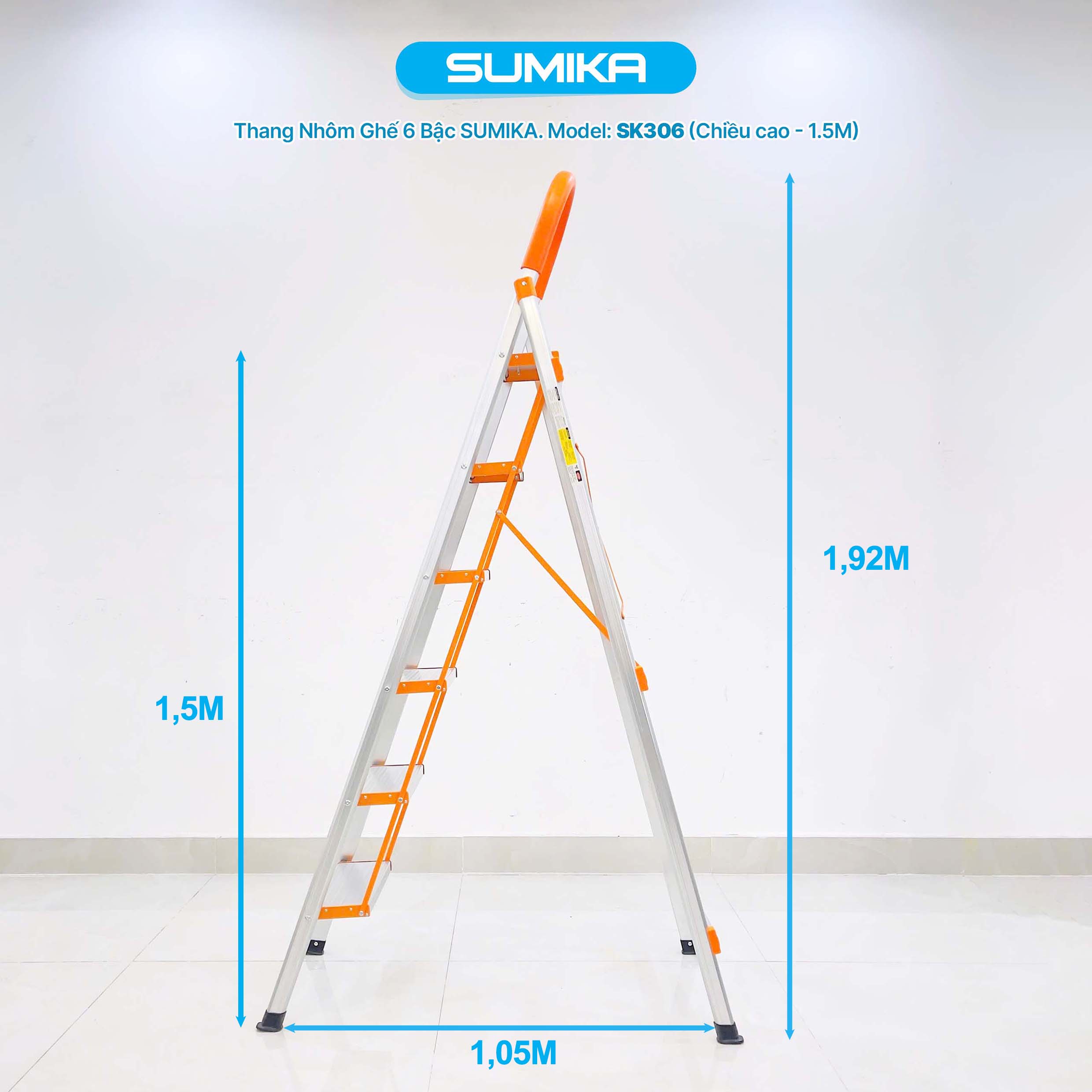 Thang Nhôm Ghế 6 Bậc SUMIKA SK306 - Cao 1.5m, Tải 150kg, Nhôm T6063