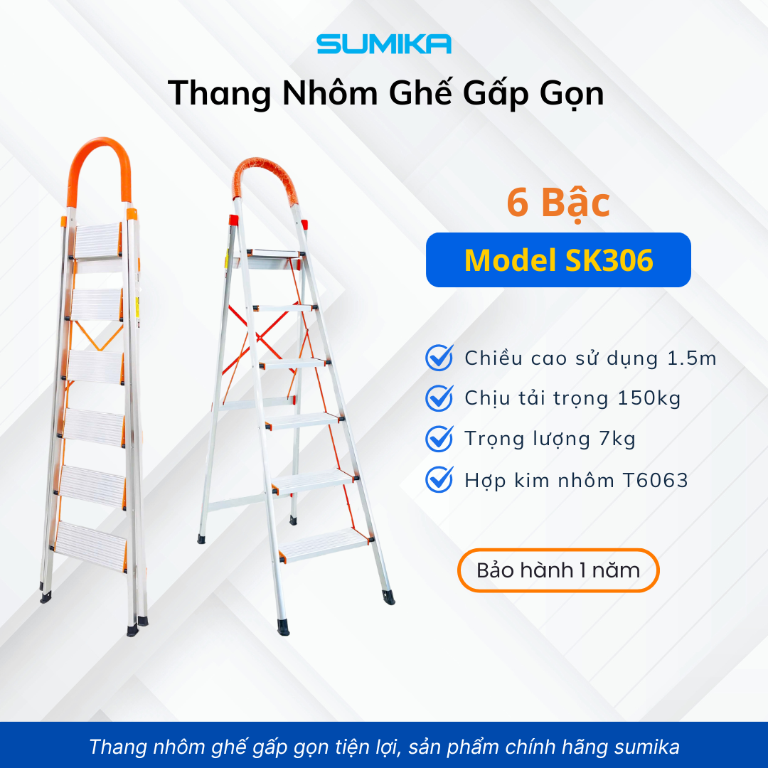 Thang Nhôm Ghế 6 Bậc SUMIKA SK306 - Cao 1.5m, Tải 150kg, Nhôm T6063