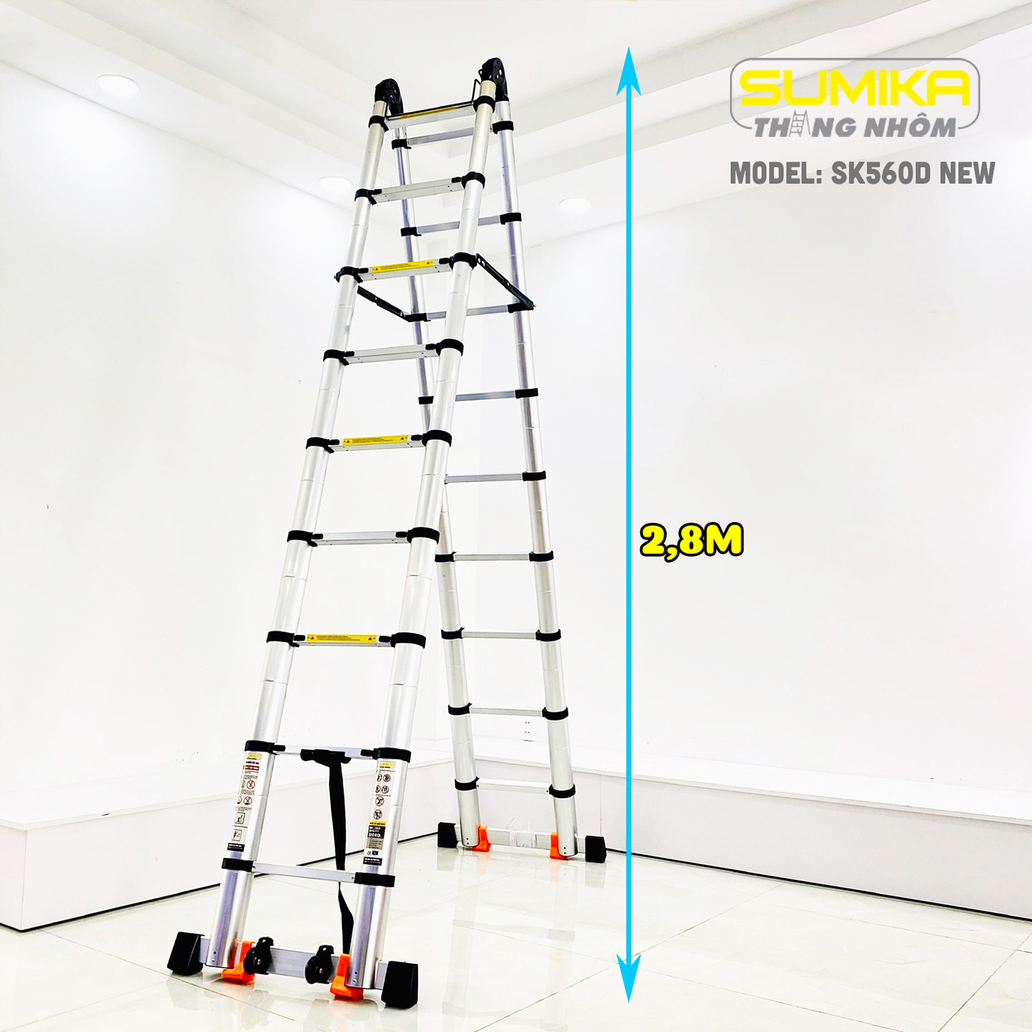 Thang Nhôm Rút Chữ A SUMIKA SK560D NEW - Rút đôi 5.6m, Khóa Tự động, Tải 300kg
