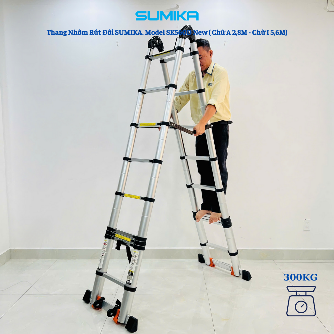Thang Nhôm Rút Chữ A SUMIKA SK560D NEW - Rút đôi 5.6m, Khóa Tự động, Tải 300kg