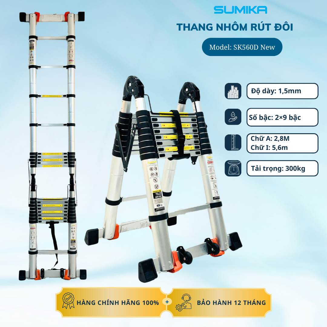 Thang Nhôm Rút Chữ A SUMIKA SK560D NEW - Rút đôi 5.6m, Khóa Tự động, Tải 300kg