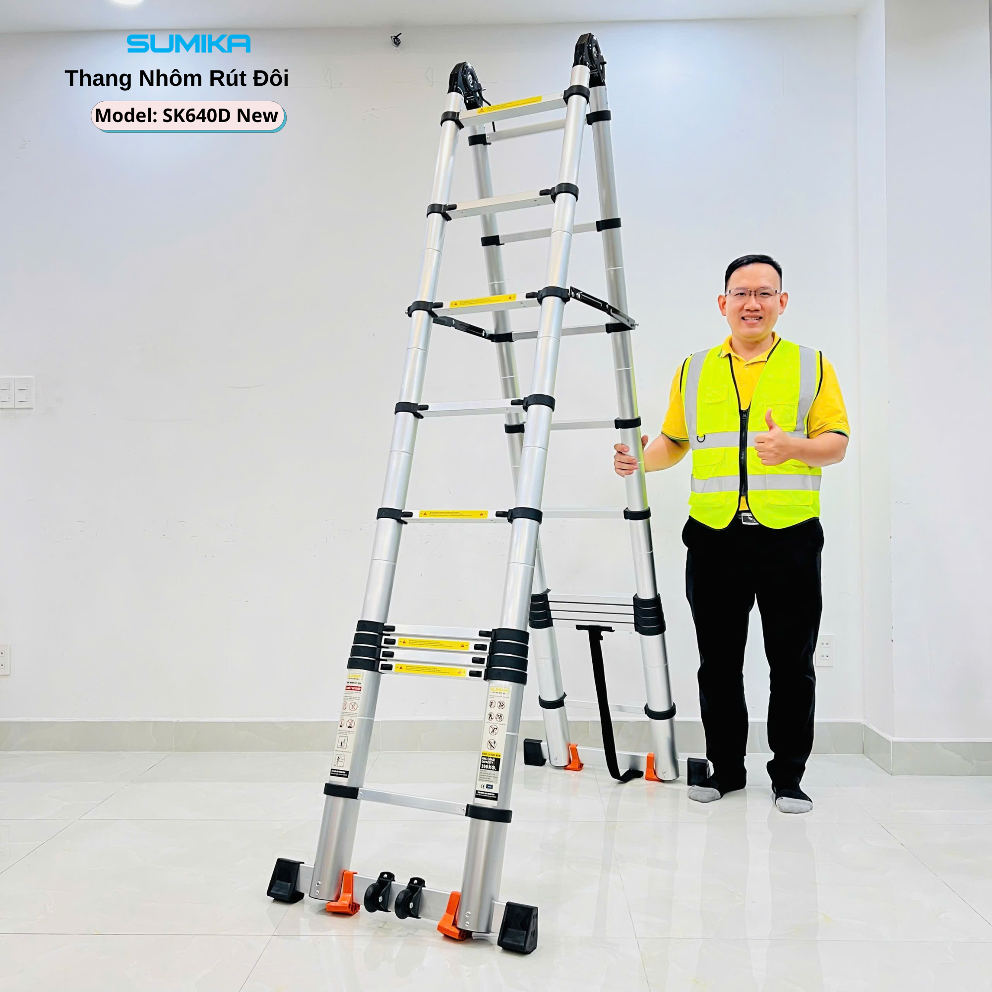 Thang Nhôm Rút Chữ A SUMIKA SK640D NEW Rút đôi 6.4m Tải 300kg, Khóa Tự động