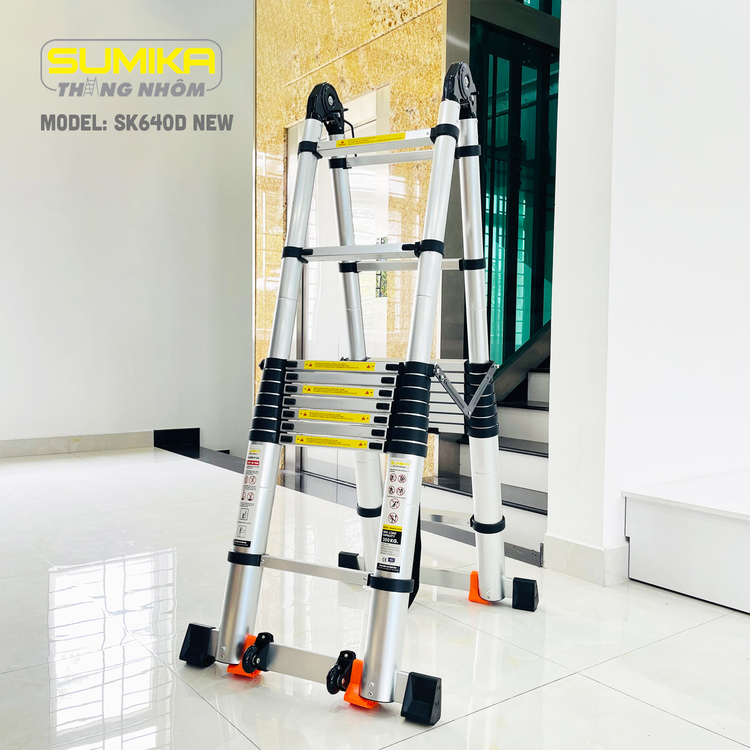 Thang Nhôm Rút Chữ A SUMIKA SK640D NEW Rút đôi 6.4m Tải 300kg, Khóa Tự động