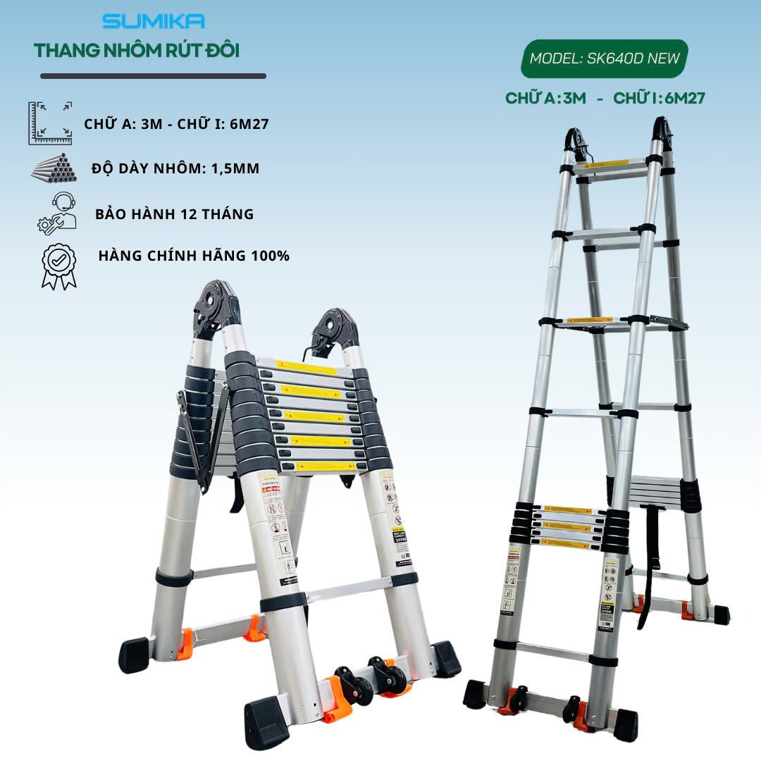 Thang Nhôm Rút Chữ A SUMIKA SK640D NEW Rút đôi 6.4m Tải 300kg, Khóa Tự động