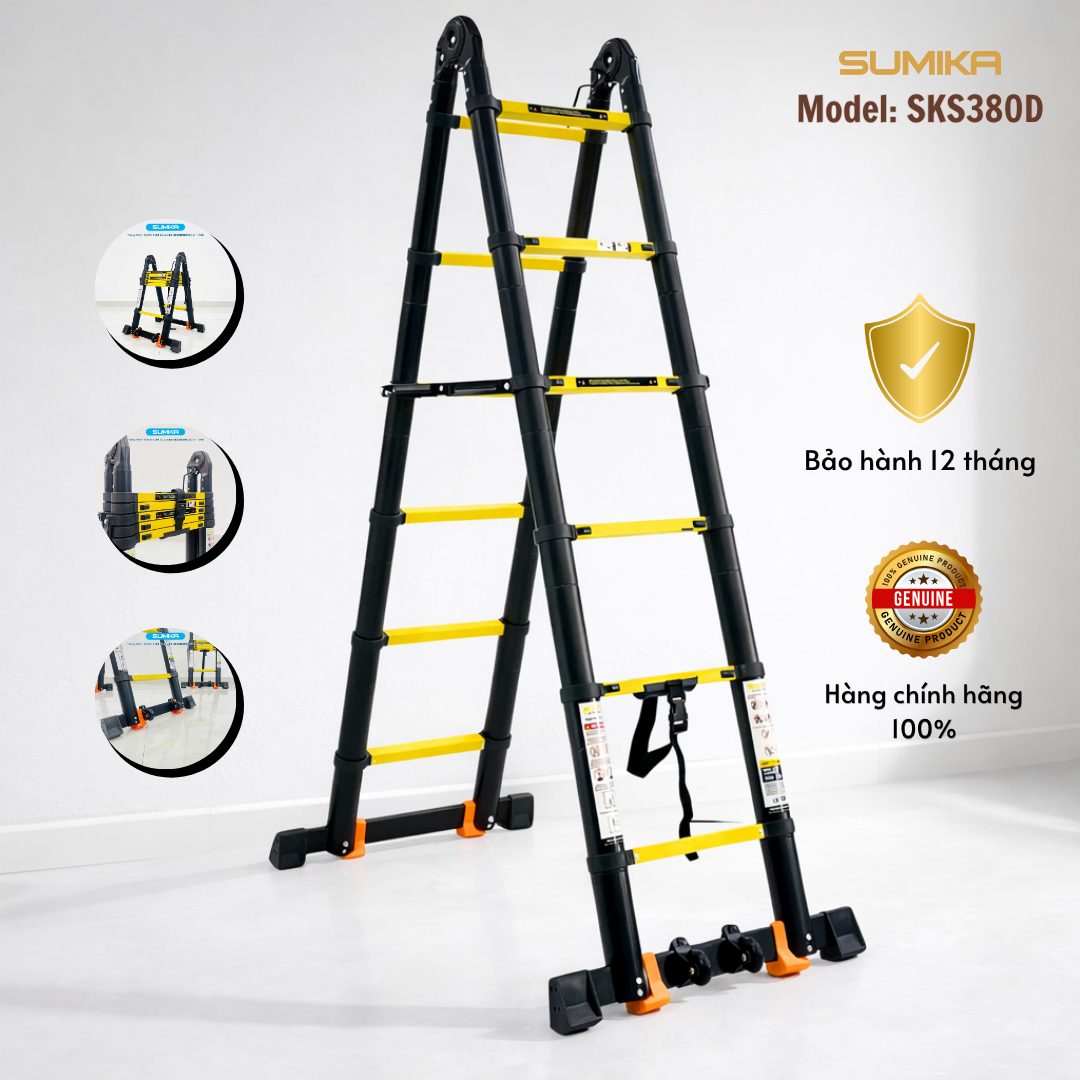 Thang Nhôm Rút Chữ A SUMIKA SKS380D - Cao 3.8m, Tải 300kg, Khóa Tự động