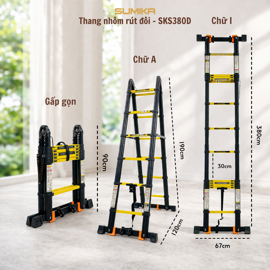 Thang Nhôm Rút Chữ A SUMIKA SKS380D - Cao 3.8m, Tải 300kg, Khóa Tự động
