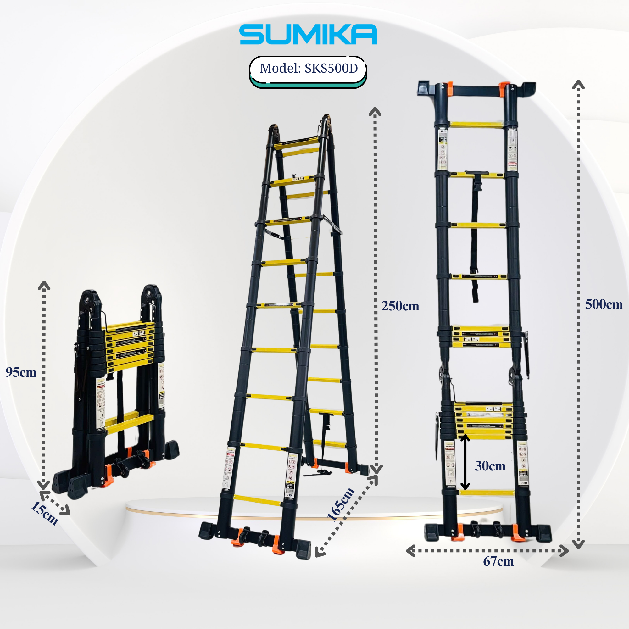 Thang Nhôm Rút Chữ A SUMIKA SKS500D - Rút đôi, Cao 5m, Tải 300kg, Chống Trượt
