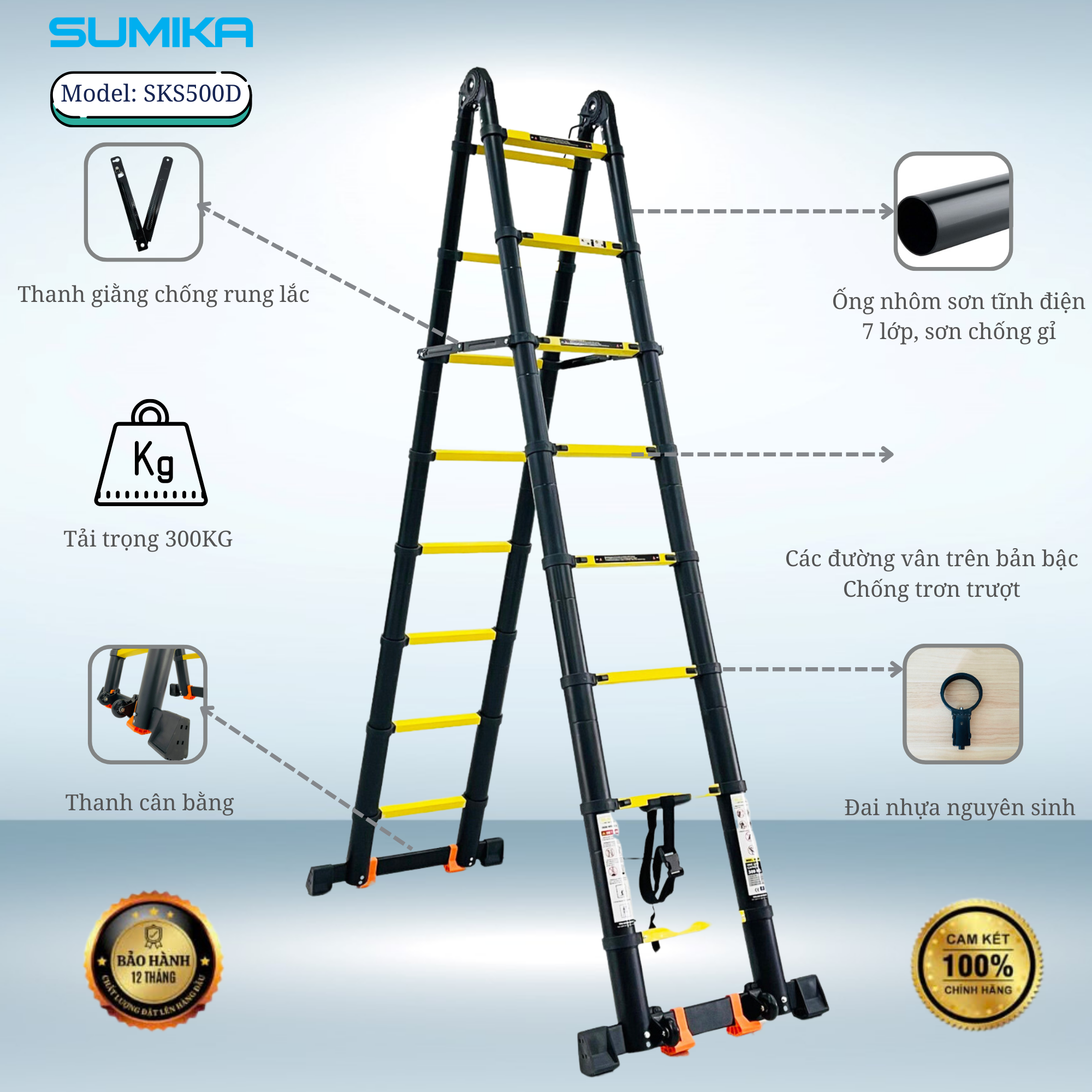 Thang Nhôm Rút Chữ A SUMIKA SKS500D - Rút đôi, Cao 5m, Tải 300kg, Chống Trượt