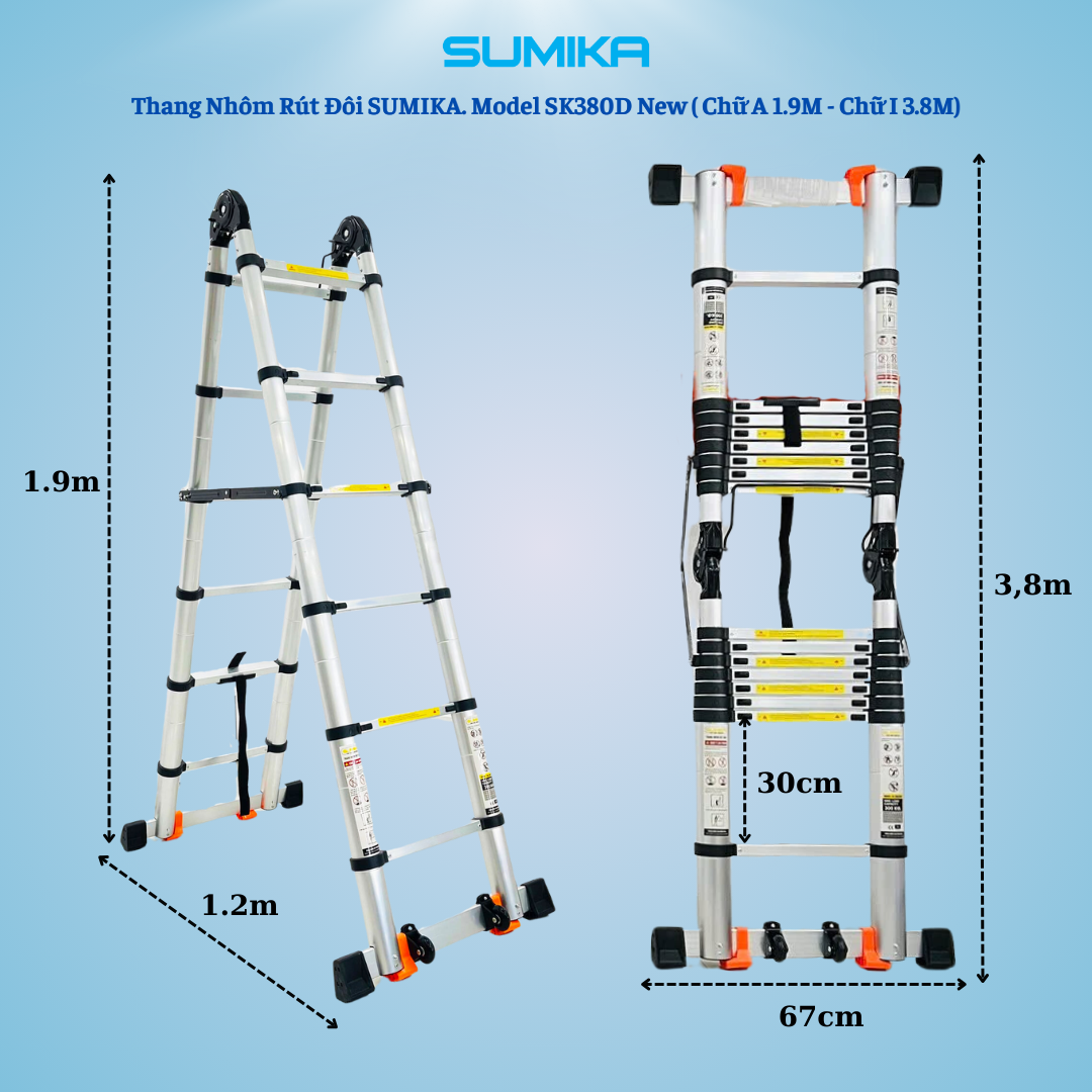 Thang Nhôm Rút đôi Chữ A SUMIKA SK380D NEW - Gấp Tự động, Cao 3.8m, Chịu 300kg
