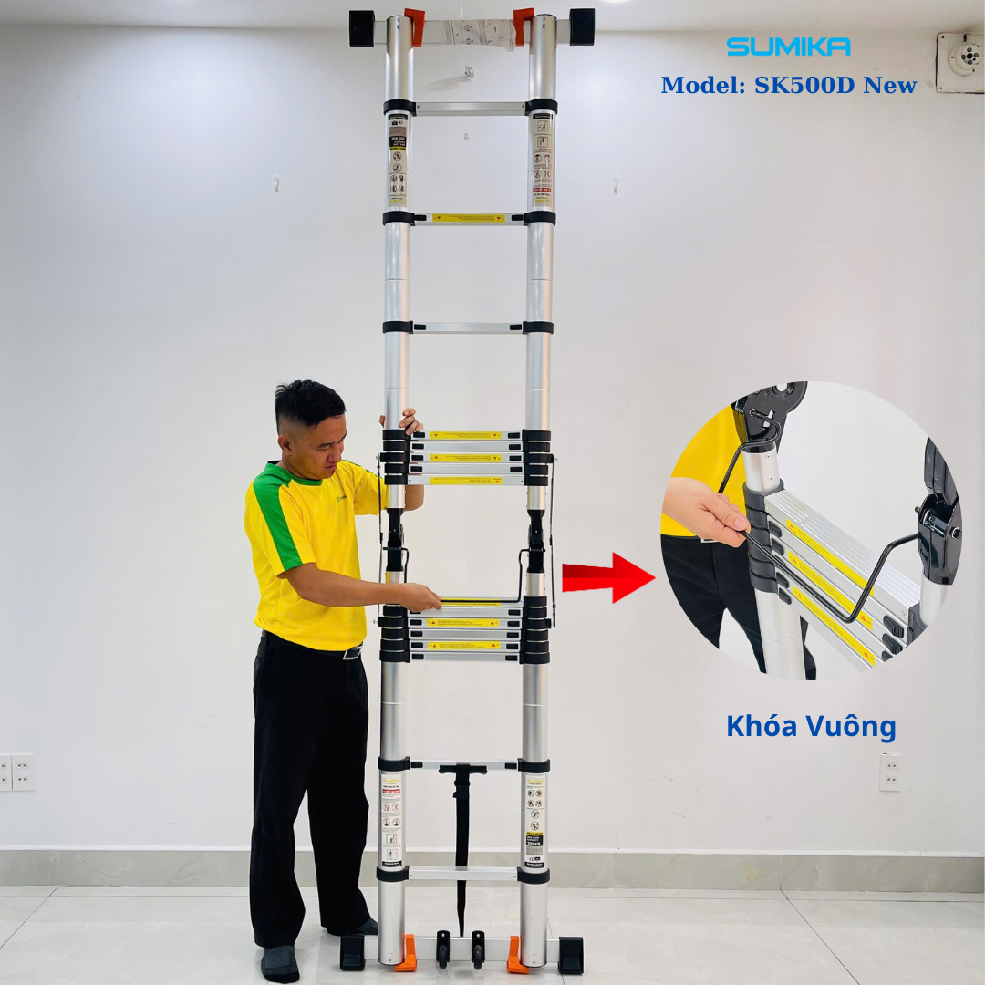 Thang Nhôm Rút đôi Chữ A SUMIKA SK500D NEW - 2.5m/5.0m, Tải 300kg, Khóa Tự động