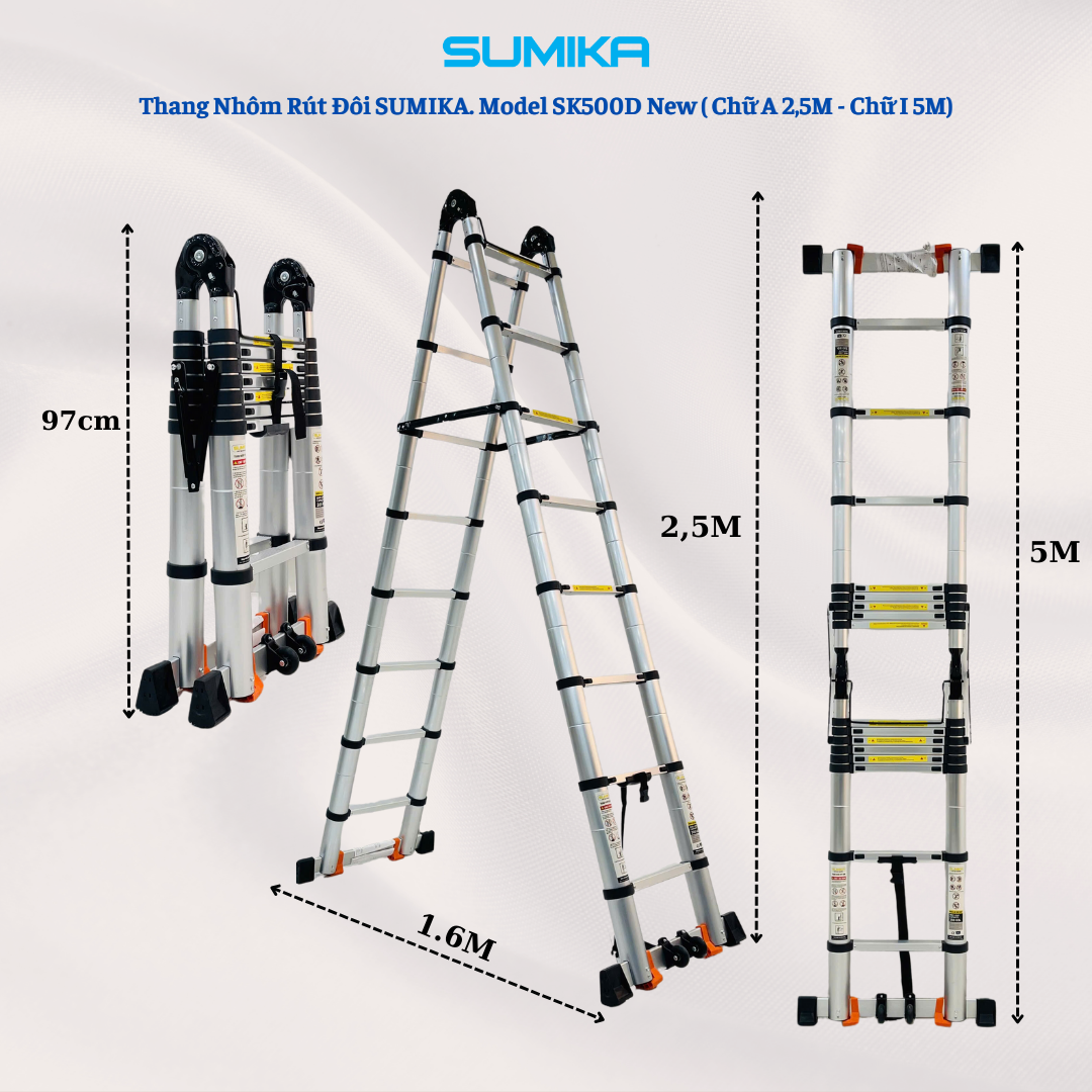 Thang Nhôm Rút đôi Chữ A SUMIKA SK500D NEW - 2.5m/5.0m, Tải 300kg, Khóa Tự động