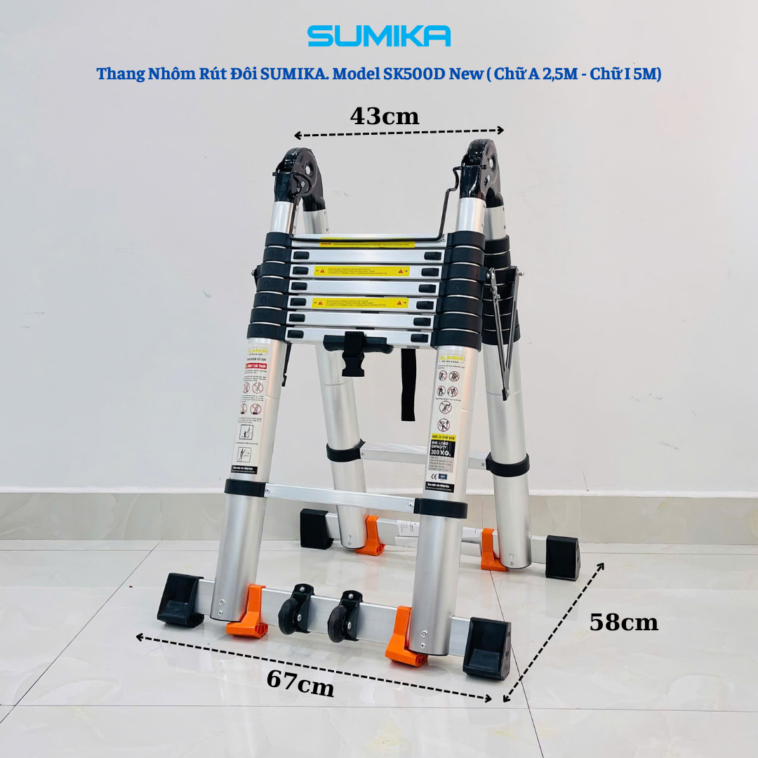 Thang Nhôm Rút đôi Chữ A SUMIKA SK500D NEW - 2.5m/5.0m, Tải 300kg, Khóa Tự động