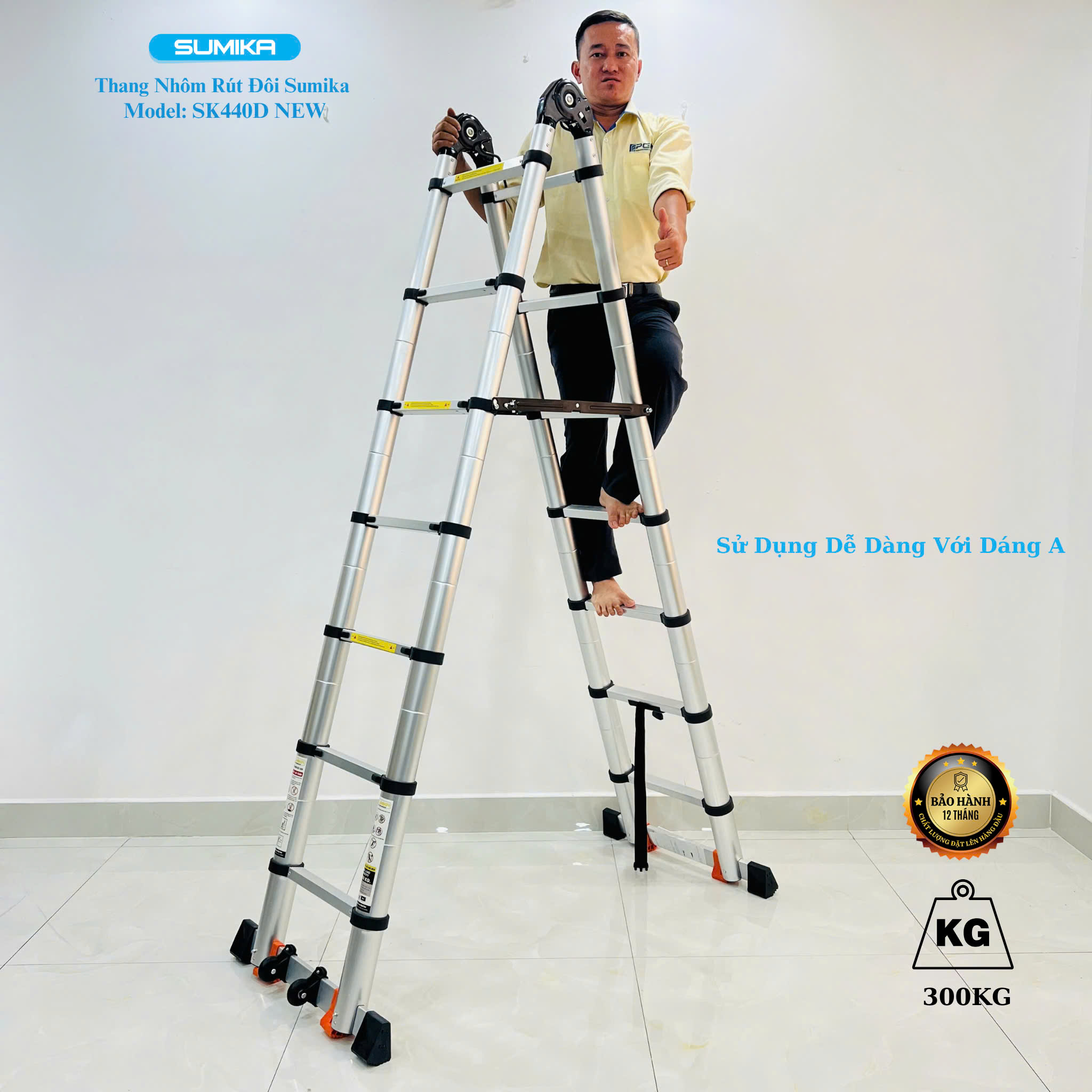 Thang Nhôm Rút Đôi SUMIKA SK440D NEW - Chữ A/I 2.2/4.4m, Tải 300kg