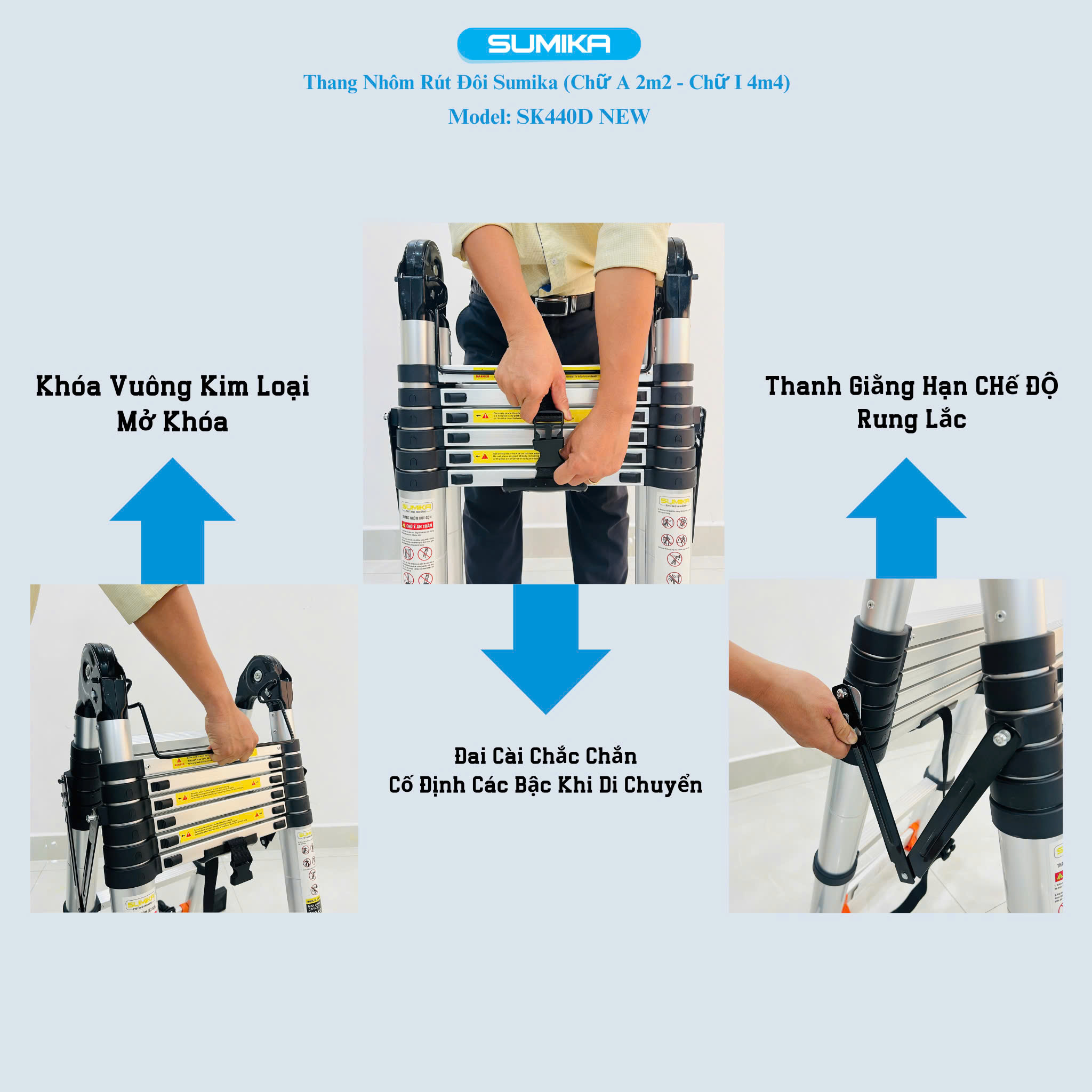 Thang Nhôm Rút Đôi SUMIKA SK440D NEW - Chữ A/I 2.2/4.4m, Tải 300kg