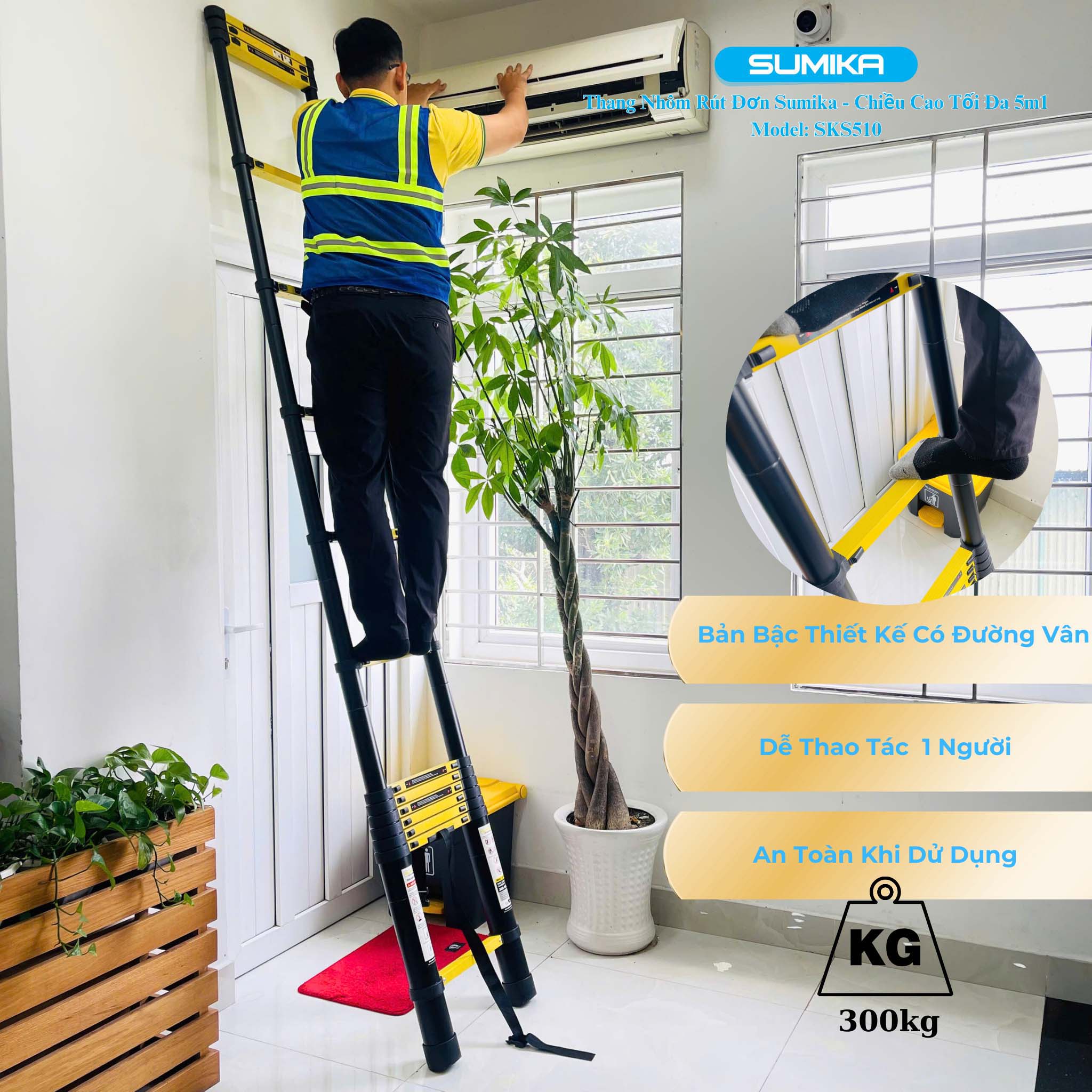 Thang Nhôm Rút đơn SUMIKA SKS510 5.1m Tải 300kg Nhật Bản - Gọn Nhẹ Chắc Chắn
