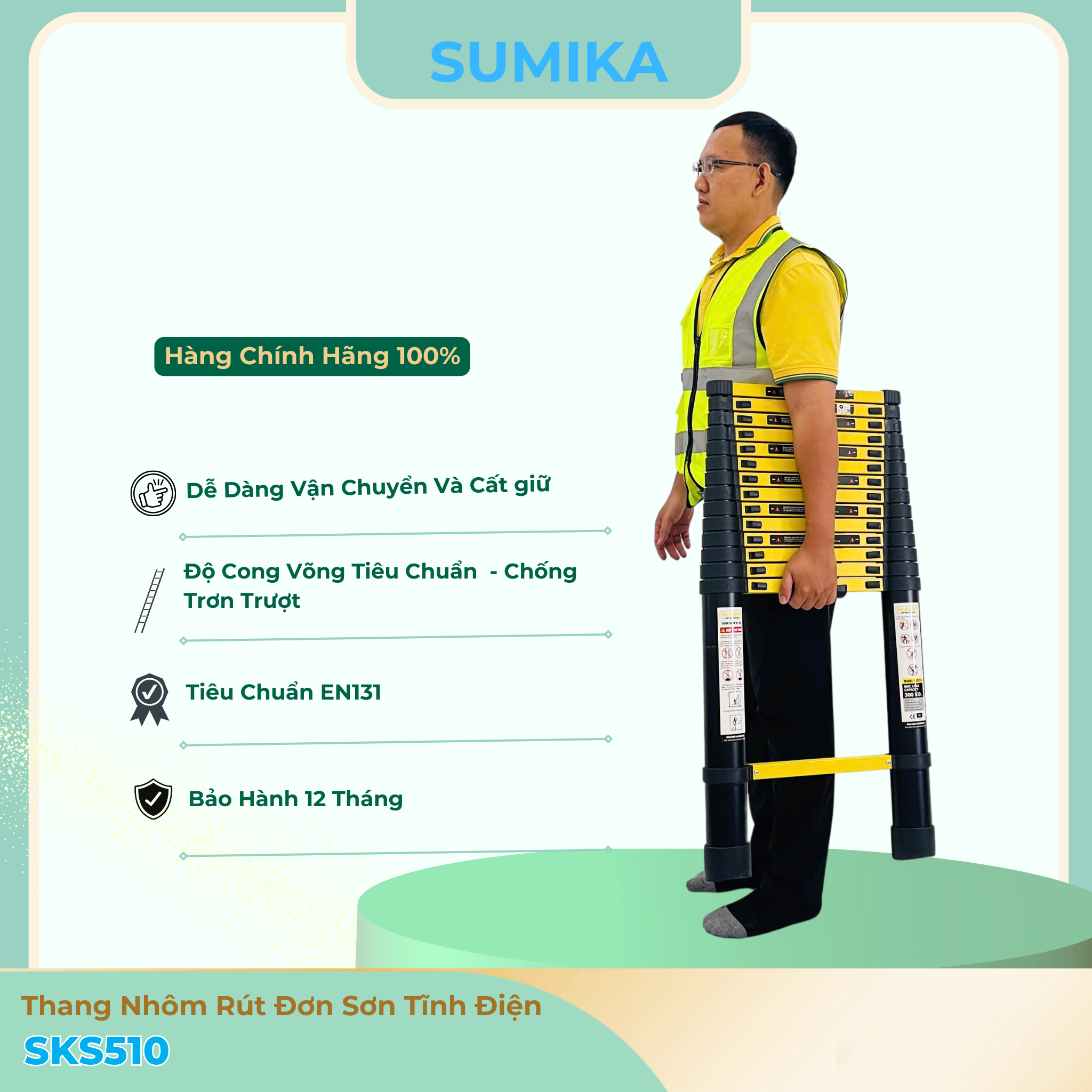 Thang Nhôm Rút đơn SUMIKA SKS510 5.1m Tải 300kg Nhật Bản - Gọn Nhẹ Chắc Chắn