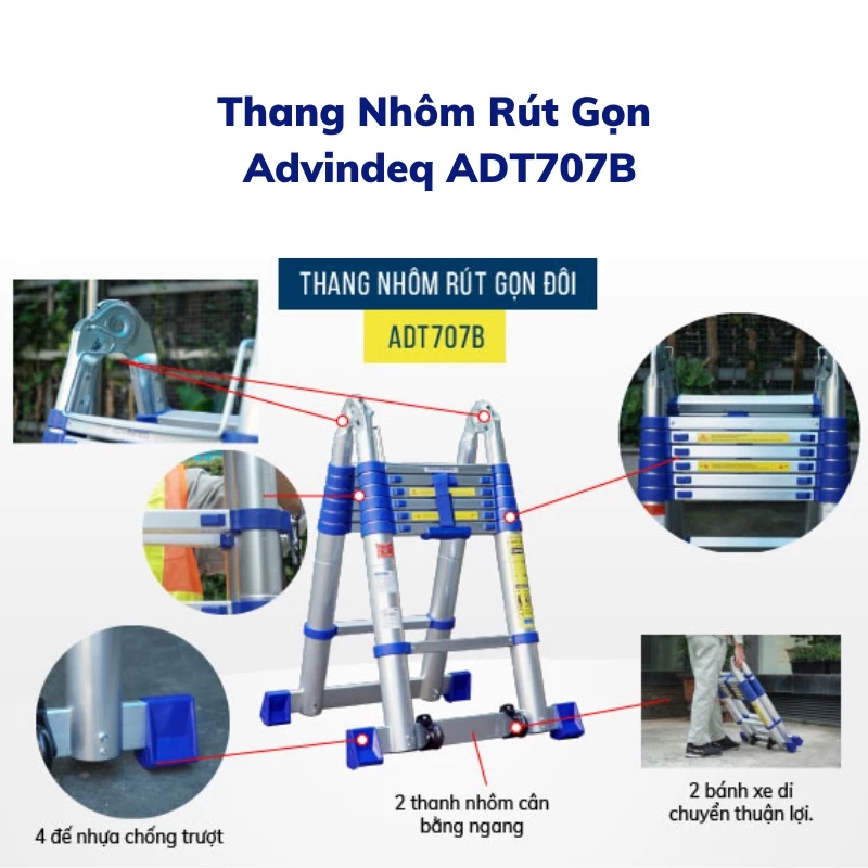 Thang Nhôm Rút Gọn (chữ A) Advindeq ADT707B Khóa Gấp Tự động, Tải 150kg