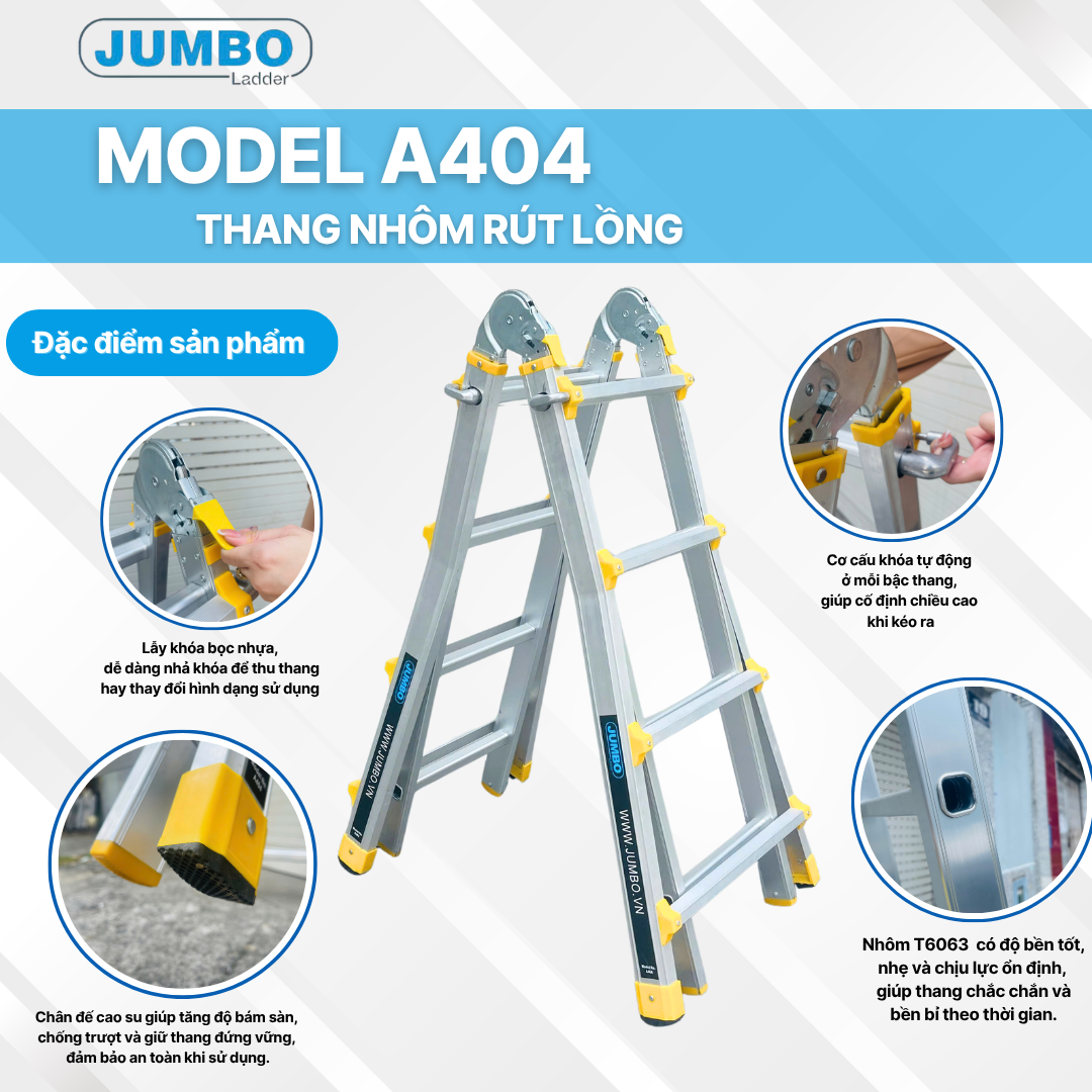 Thang Nhôm Rút Lồng Chữ A JUMBO A404 - A Cao 2.0m I 4.0m, Tải 300kg