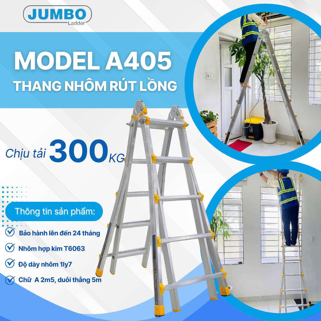 Thang Nhôm Rút Lồng Chữ A JUMBO A405 - Chữ A Cao Nhất 2.5m, Chữ I 5.0m, Tải 300kg