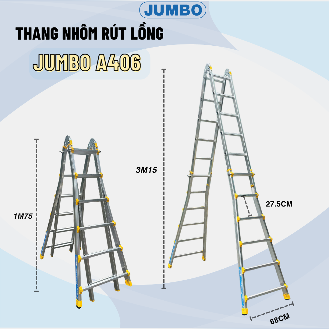 Thang Nhôm Rút Lồng Chữ A JUMBO A406 – 2x11 Bậc, A Cao 3.15m, I 6.3m, Tải 300kg