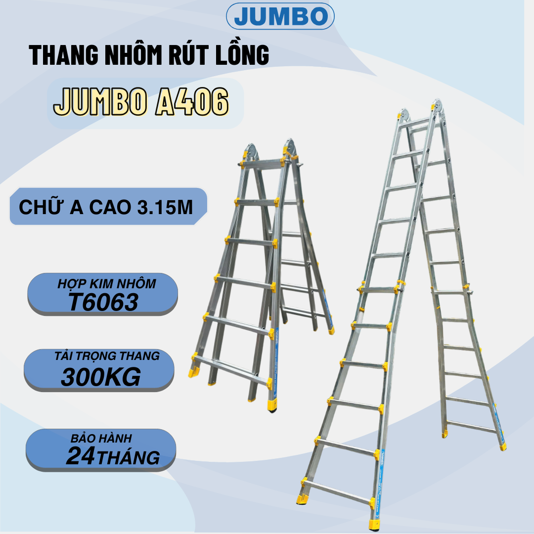 Thang Nhôm Rút Lồng Chữ A JUMBO A406 – 2x11 Bậc, A Cao 3.15m, I 6.3m, Tải 300kg