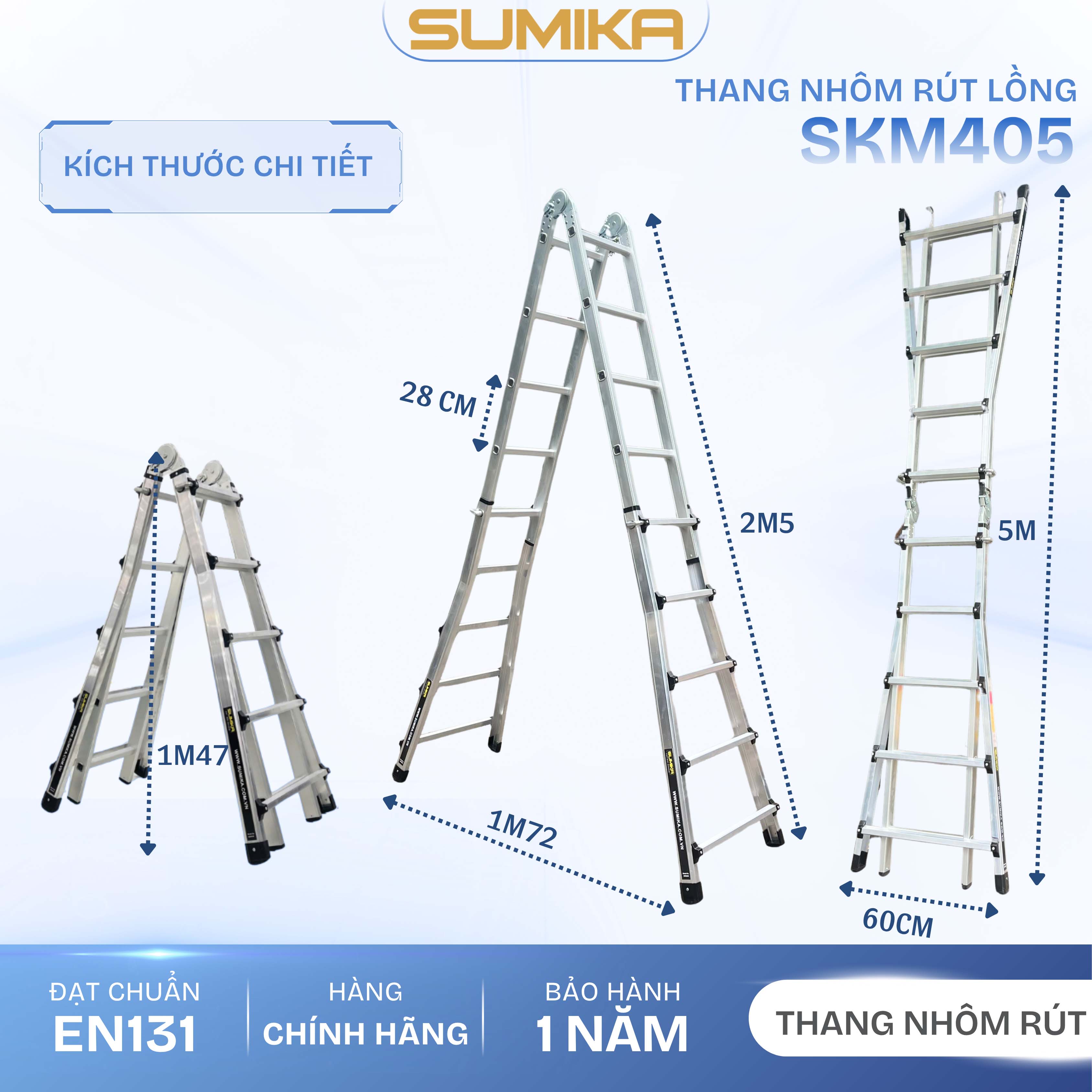 Thang Nhôm Rút Lồng Chữ A SUMIKA SKM405 - Chữ A Cao 2.5m, Tải 300kg