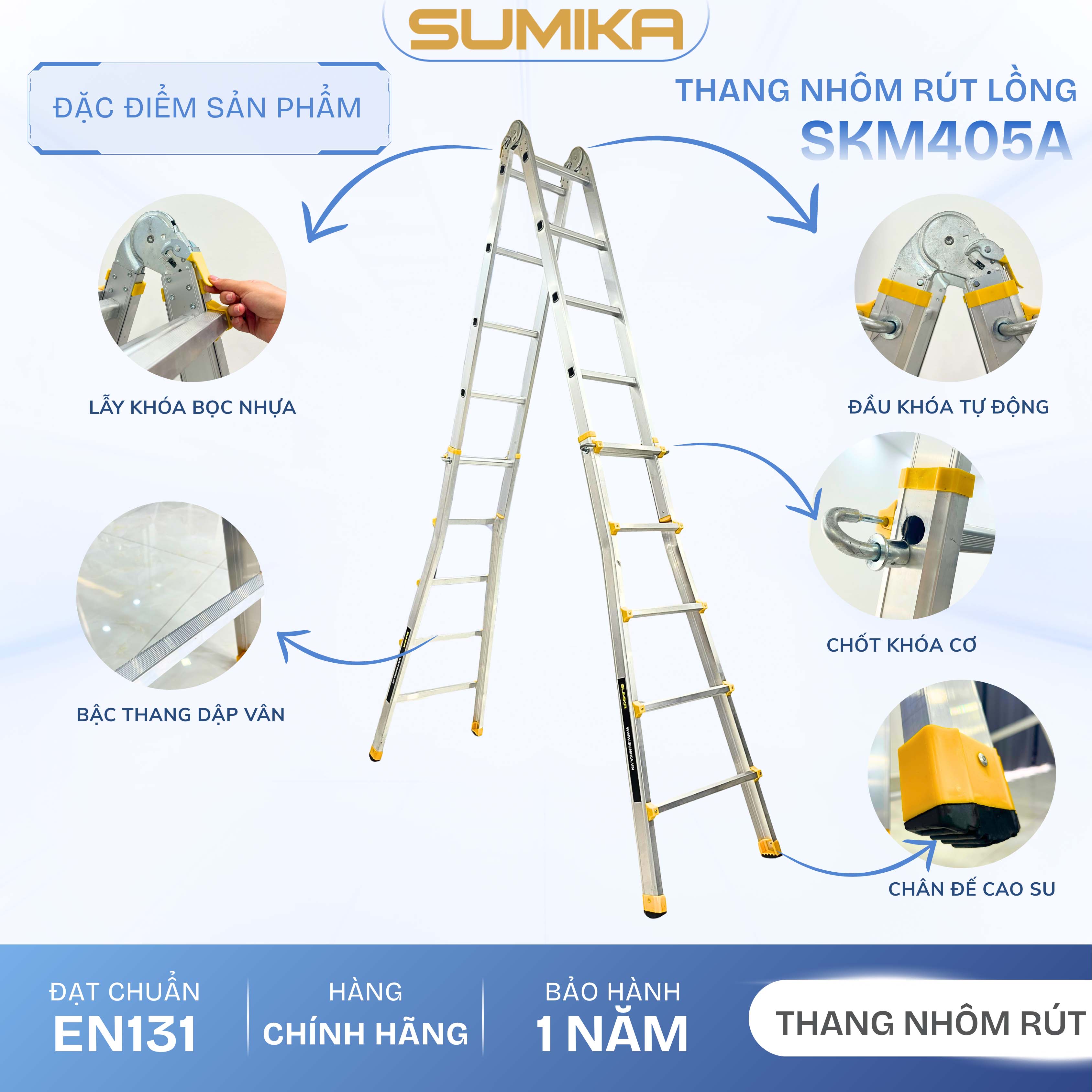 Thang Nhôm Rút Lồng Chữ A/I SUMIKA SKM405A - Rút Gọn, Cao 2.9m, Tải 300kg