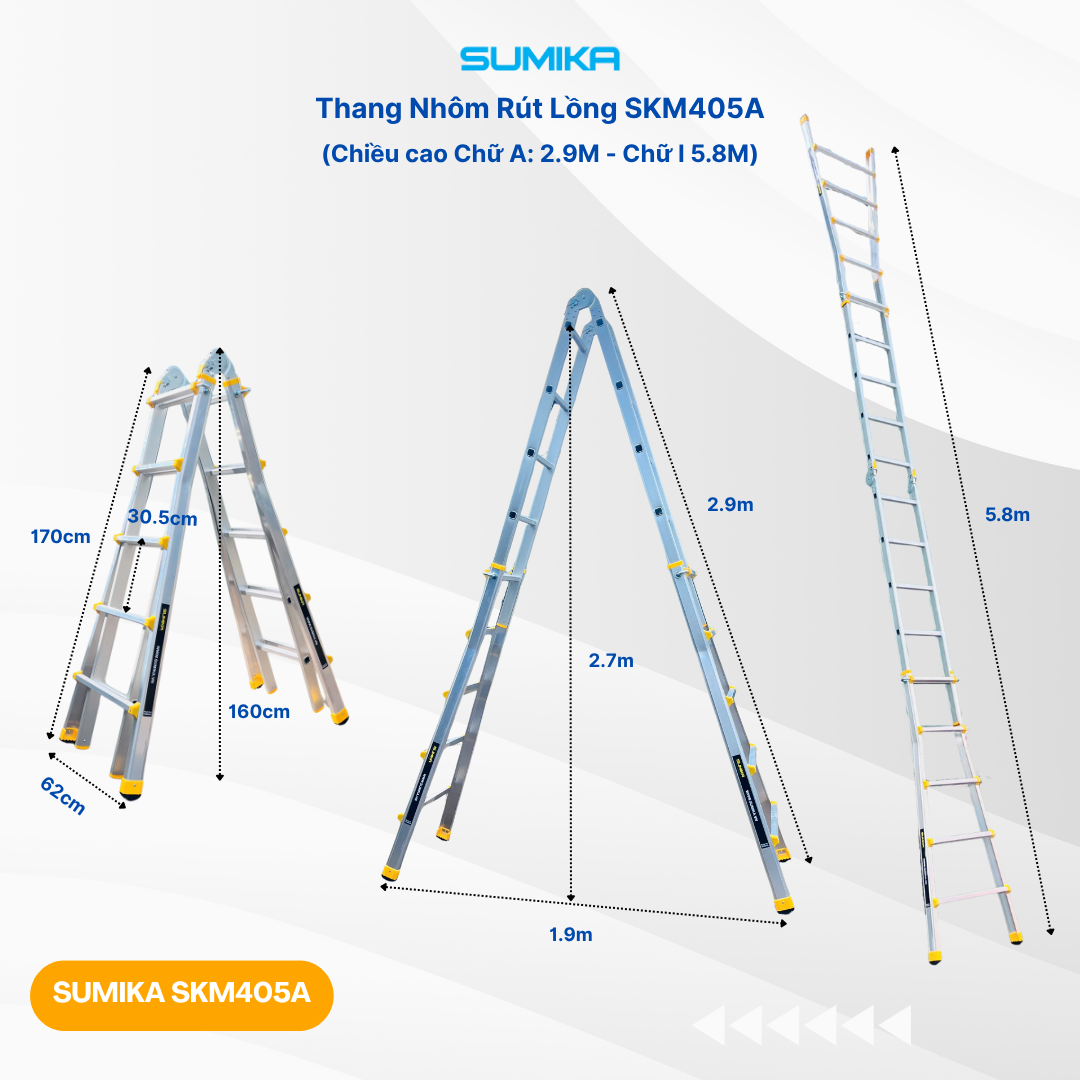 Thang Nhôm Rút Lồng Chữ A/I SUMIKA SKM405A - Rút Gọn, Cao 2.9m, Tải 300kg