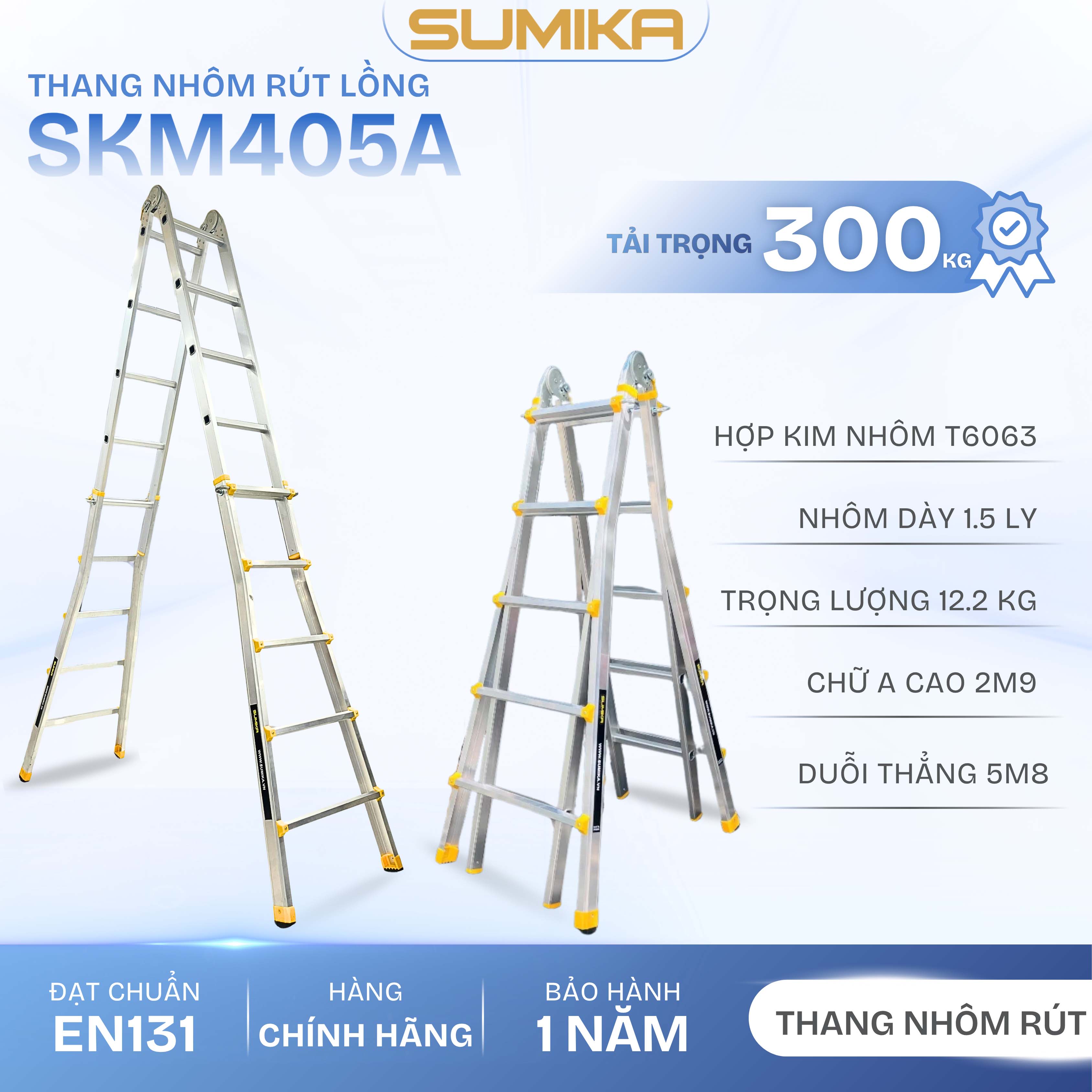 Thang Nhôm Rút Lồng Chữ A/I SUMIKA SKM405A - Rút Gọn, Cao 2.9m, Tải 300kg
