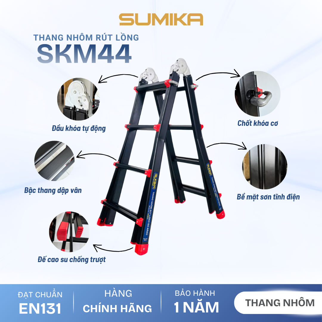 Thang Nhôm Rút Lồng SUMIKA SKM44 Chữ A Cao 2.0m Sơn Tĩnh điện, Tải 300kg