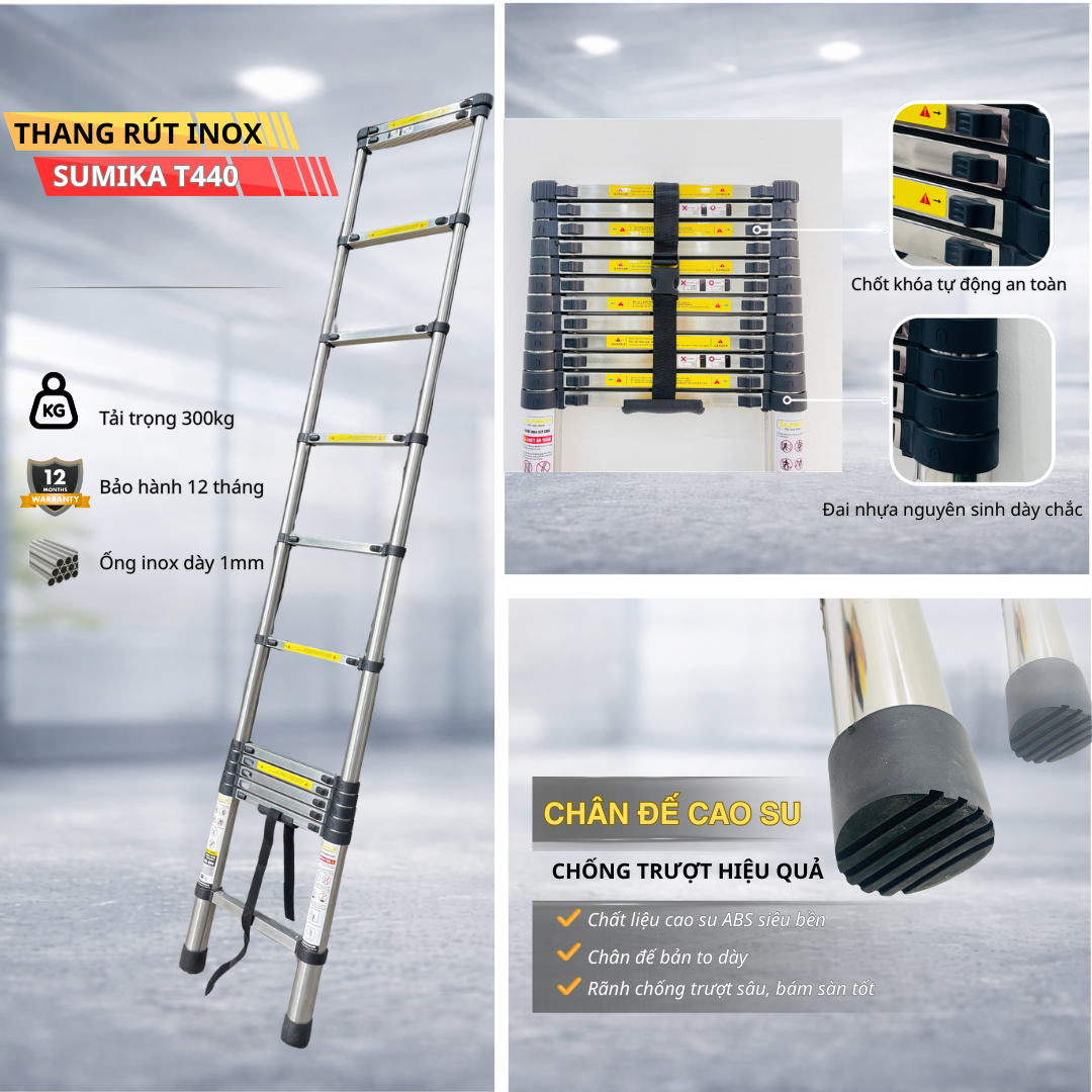 Thang Rút Inox SUMIKA T440 4.4m (rút Gọn 0.9m) - 15 Bậc, Tải 300kg, Inox 1mm, EN131
