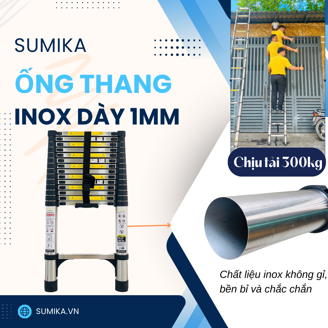 Thang Rút Inox SUMIKA T440 4.4m (rút Gọn 0.9m) - 15 Bậc, Tải 300kg, Inox 1mm, EN131