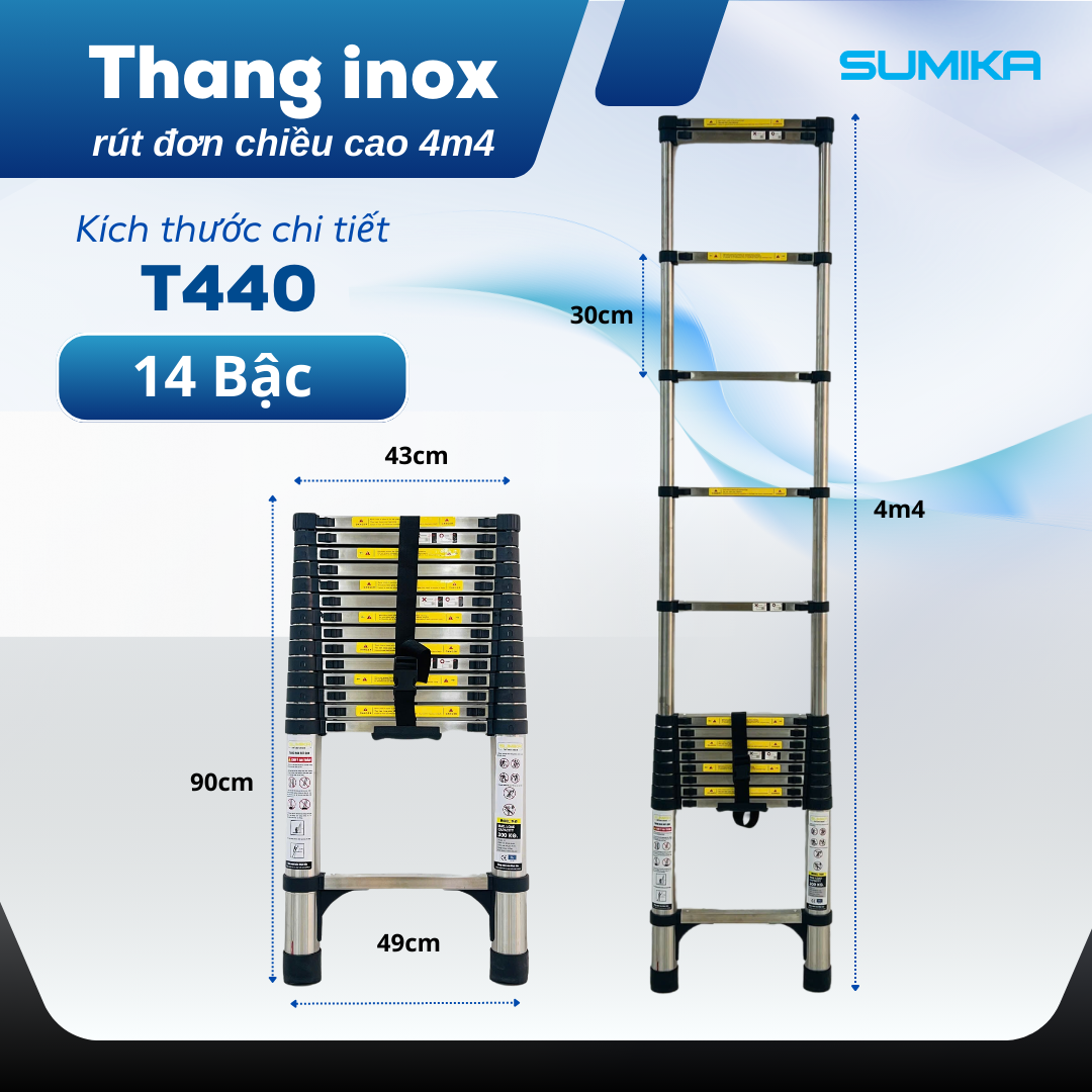 Thang Rút Inox SUMIKA T440 4.4m (rút Gọn 0.9m) - 15 Bậc, Tải 300kg, Inox 1mm, EN131