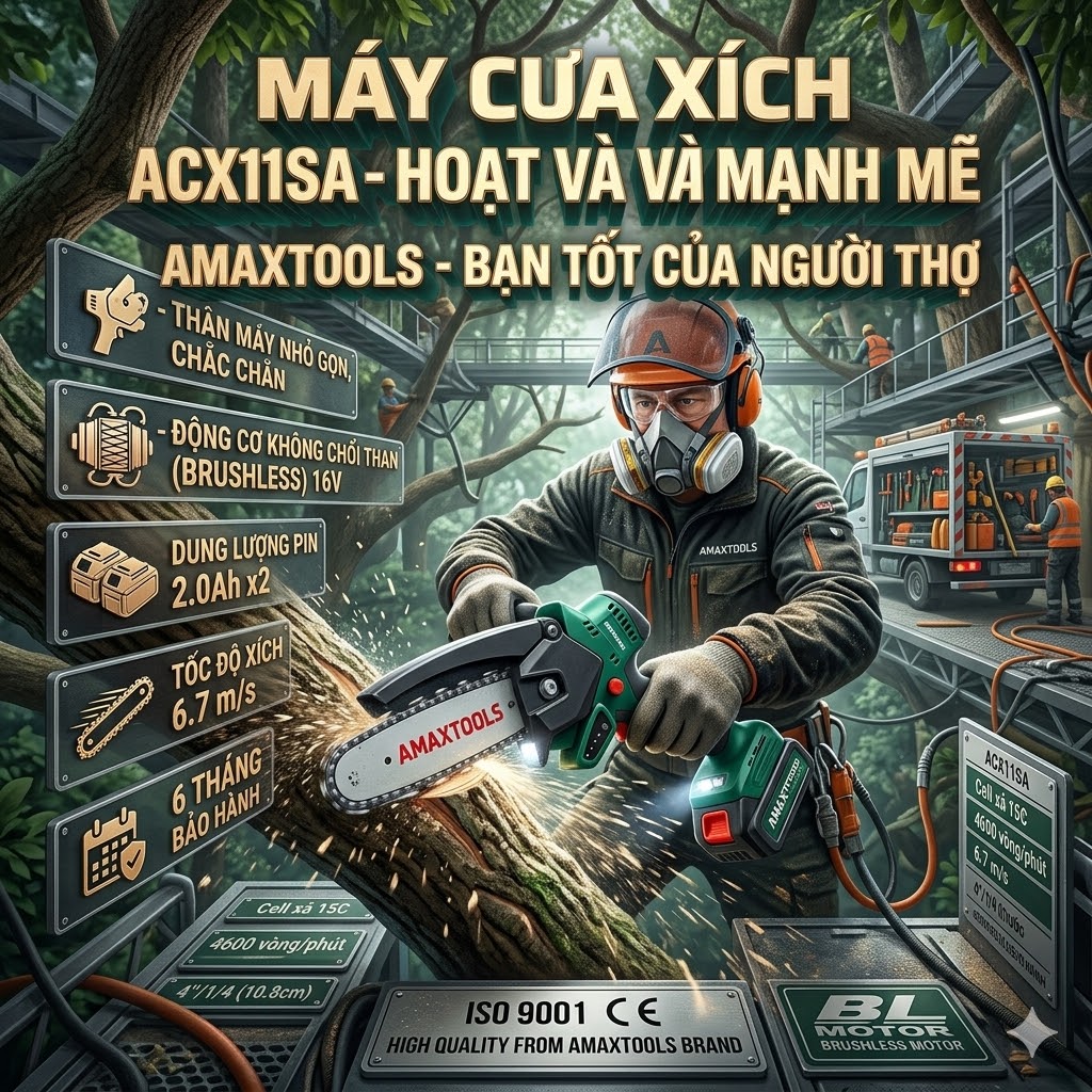 Máy cưa xích mini 16V Amaxtools ACX11SA Brushless