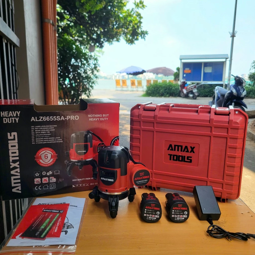 Máy Cân Bằng Laser Pin 16V8 AMAXTOOLS 5 Tia Xanh Siêu Sáng Sử Dụng Pin 16V8 - ALZ - 6655SA-PRO