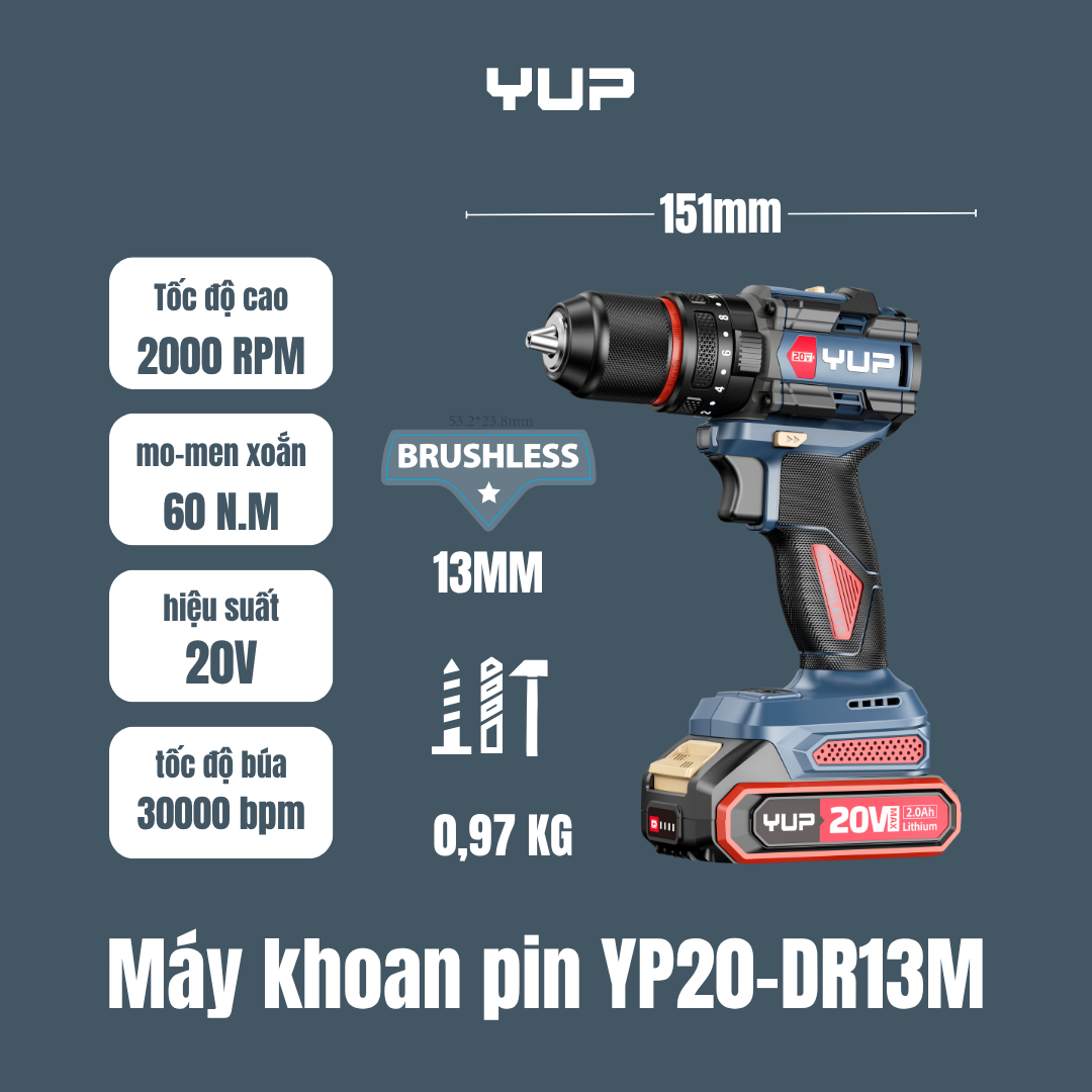 Máy Khoan Pin 60Nm YUP YP20 DR13M 13MM 3 Chức Năng Bản 2.0A Bảo Hành 12 Tháng
