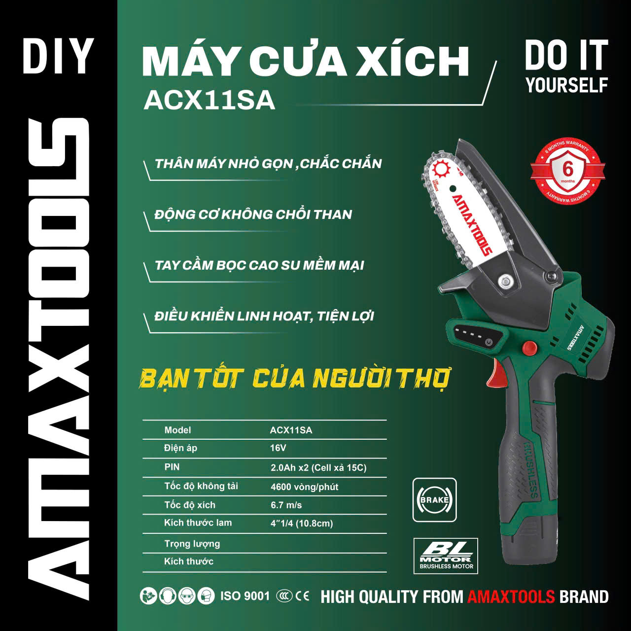 Máy cưa xích mini 16V Amaxtools ACX11SA Brushless