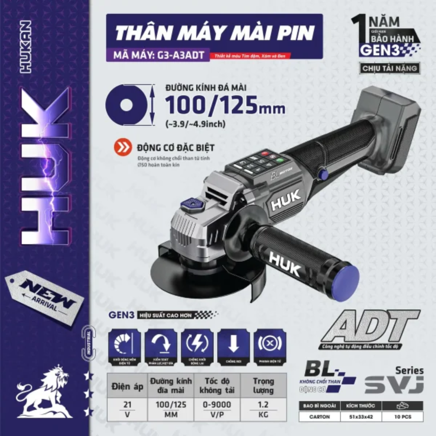 Máy Mài Pin 21V Hukan G3-A3ADT GEN3, Động Cơ Không Chổi Than, Chân Pin Phổ Thông