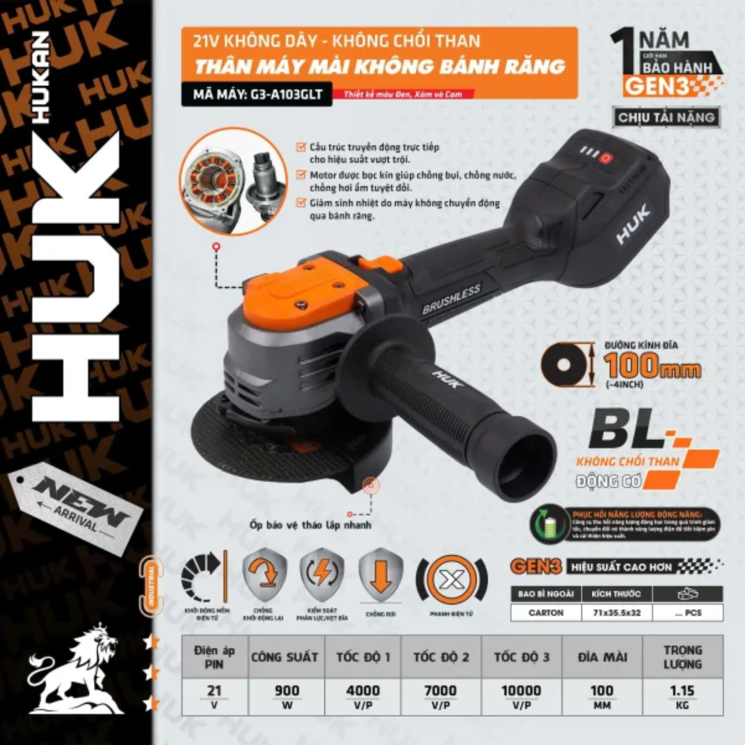 Thân Máy Mài Pin Không Bánh Răng 900W Hukan G3-A103GLT
