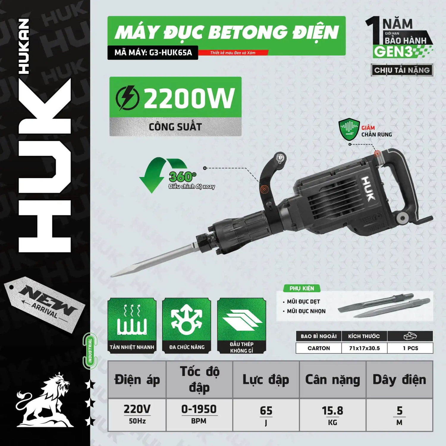 Máy đục Bê Tông điện G3-HUK65A, Công Suất 2200W, Tốc độ đập 1950 BPM